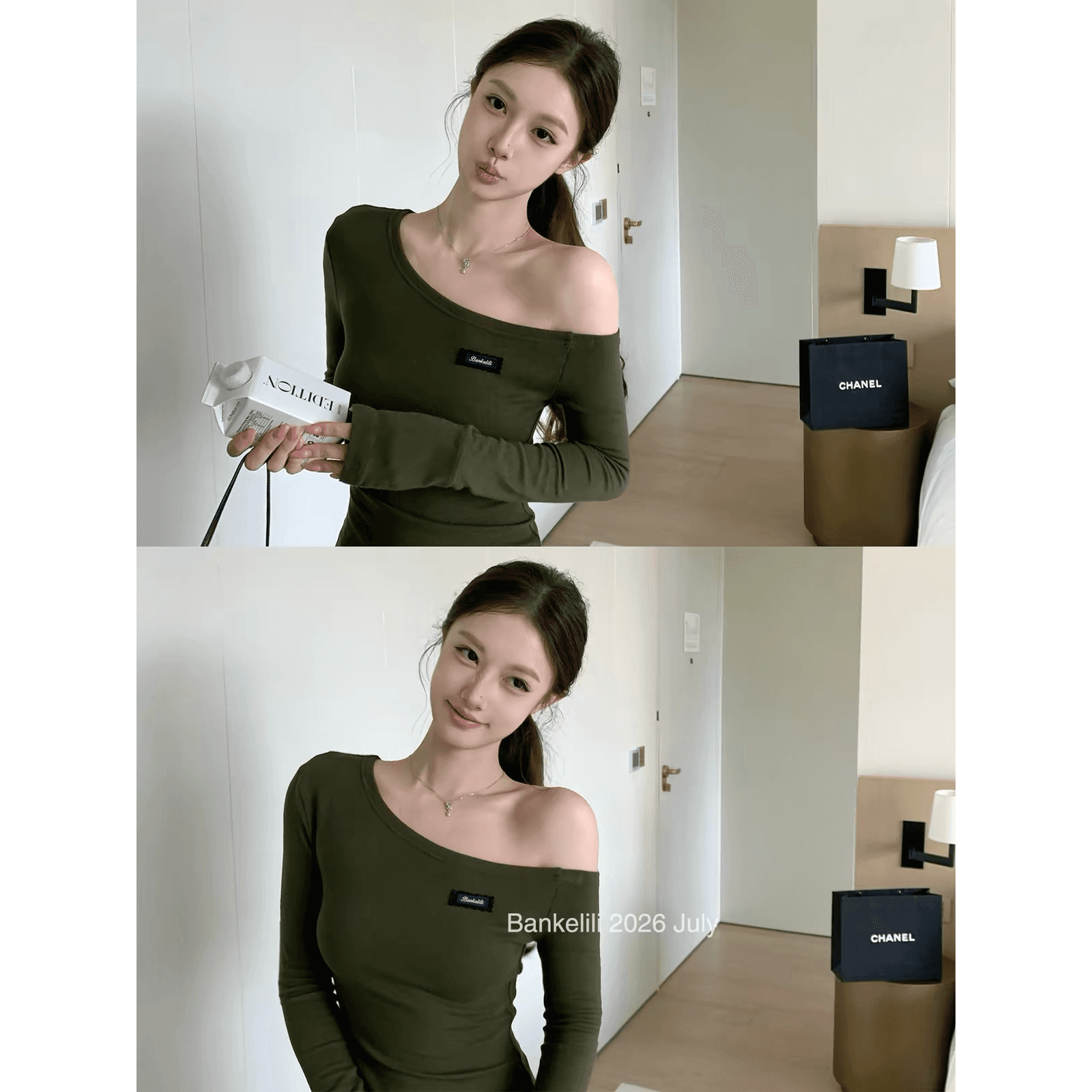밤나무 코코아 bankelili 아름다움 어깨 재능 몸매 가꾸기 슬림해 보이는 비스듬한 어깨 막대기 표준 알파벳 긴팔 티셔츠 여성 봄 여름 이미지 5
