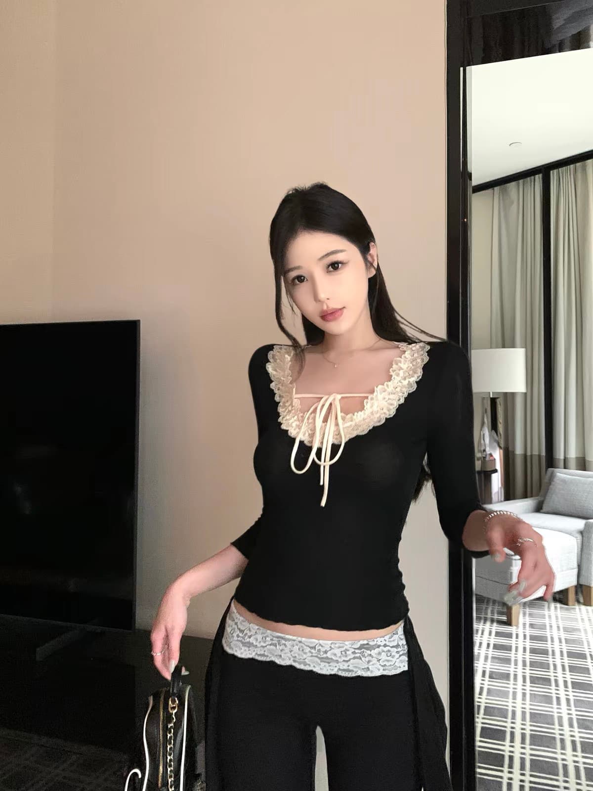 우 너무 달콤한 나비 매듭 스트랩 레이스 레이스 중간 소매 티셔츠 여성 몸매 가꾸기 슬림해 보이는 다용도 허리 수축 디자인 센스 맨위 이미지 3