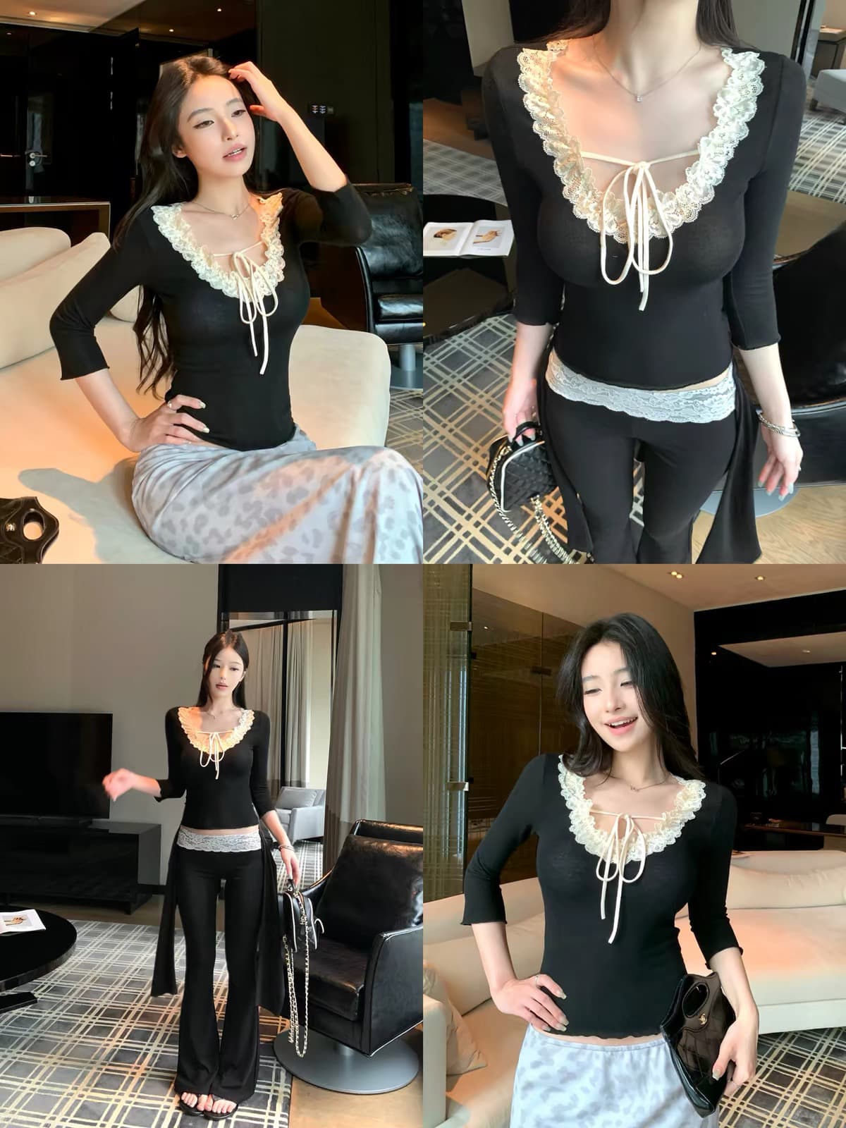 우 너무 달콤한 나비 매듭 스트랩 레이스 레이스 중간 소매 티셔츠 여성 몸매 가꾸기 슬림해 보이는 다용도 허리 수축 디자인 센스 맨위 상세 이미지 2
