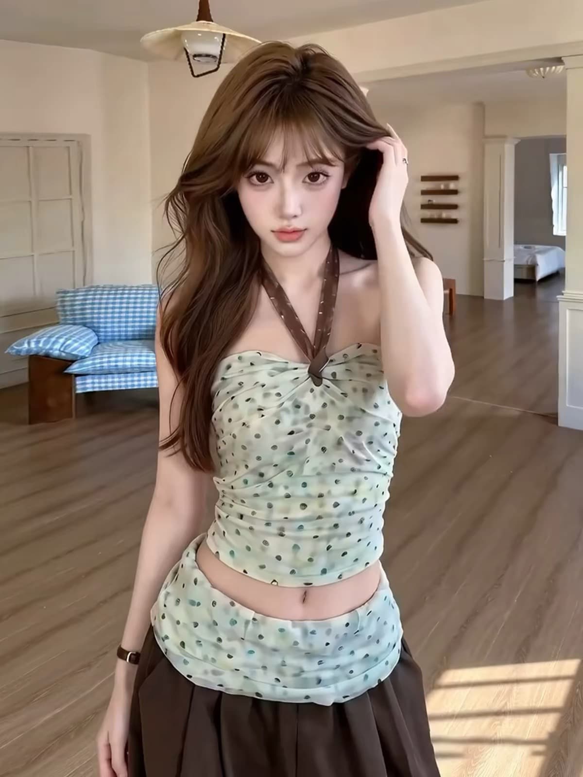 핫걸 순수한 욕망 바람 도트 무늬 튜브탑 둘 착용 행침 목 맨위 여성 여름 루즈핏 슬림해 보이는 넓은 다리 길이 바지 상세 이미지 5