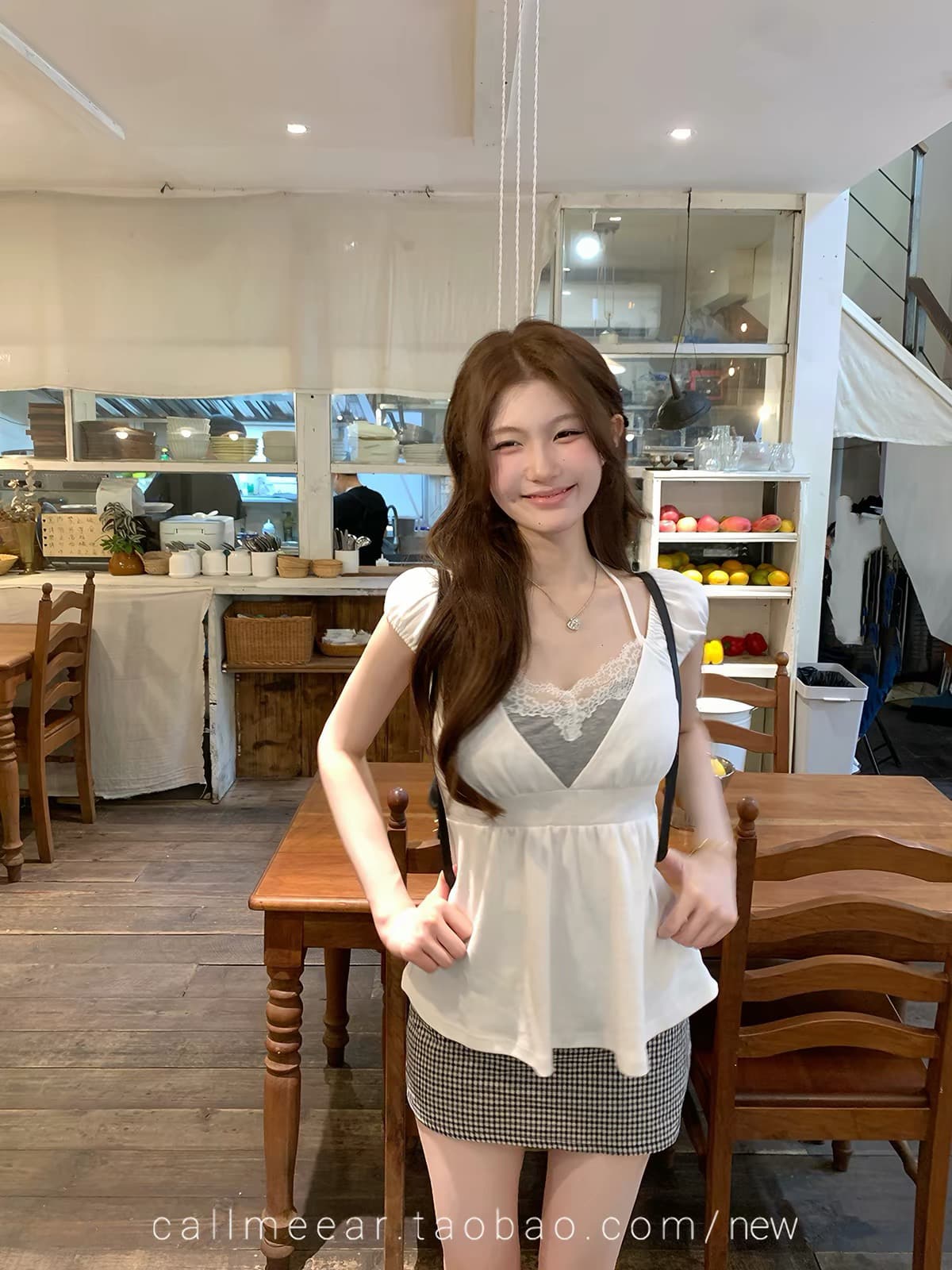 callmeear 한 새싹 부서 소녀 패치워크 디자인 거품 소매 행침 목 맨위 여성 여름 허리 수축 슬림해 보이는 이미지 3