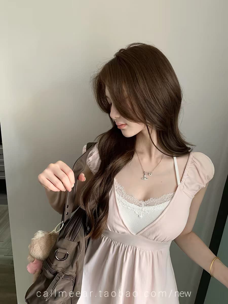 callmeear 한 새싹 부서 소녀 패치워크 디자인 거품 소매 행침 목 맨위 여성 여름 허리 수축 슬림해 보이는 이미지 4