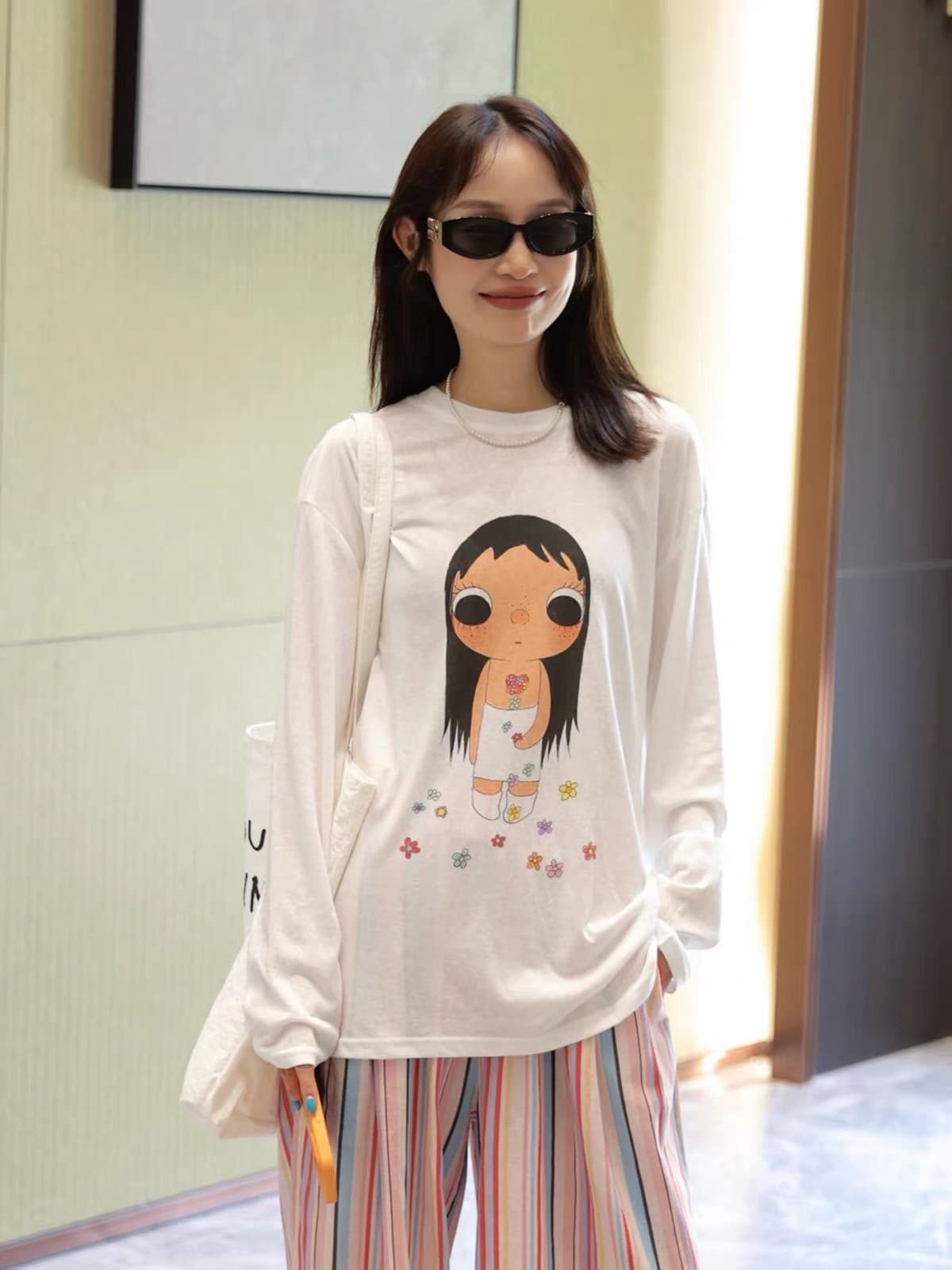 한 부서 수 있습니다. 작은 사랑 옥 꽃 프린트 긴팔 티셔츠 여성 여름 루즈핏 캐주얼 디자인 센스 다용도 맨위