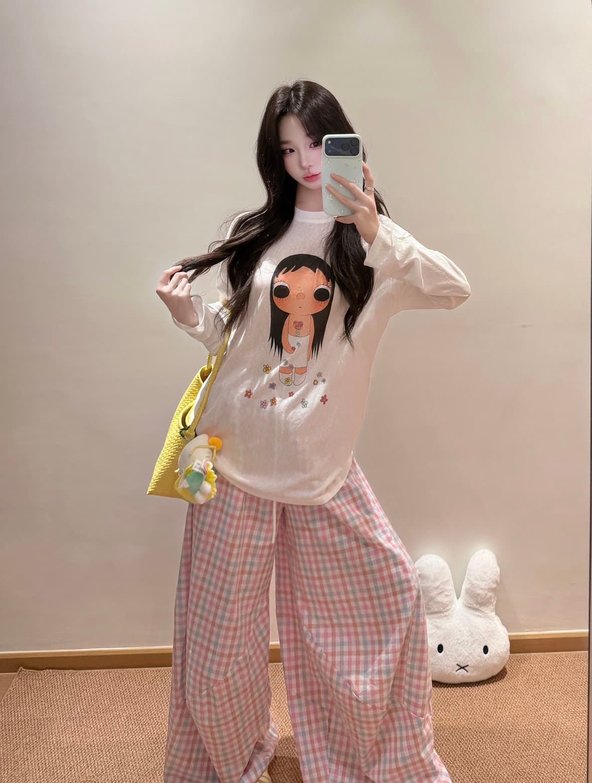 한 부서 수 있습니다. 작은 사랑 옥 꽃 프린트 긴팔 티셔츠 여성 여름 루즈핏 캐주얼 디자인 센스 다용도 맨위 상세 이미지 2