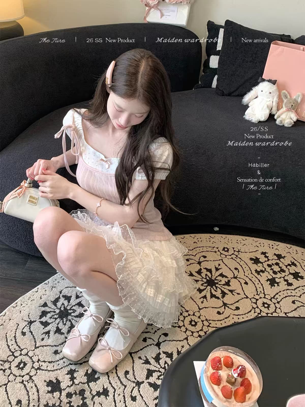 theture 달콤한 맛 페이크 레이어드 반팔 티셔츠 여성 셔츠 꽃무늬 디자인 센스 몸매 가꾸기 슬림해 보이는 거품 소매 새로운 이미지 3