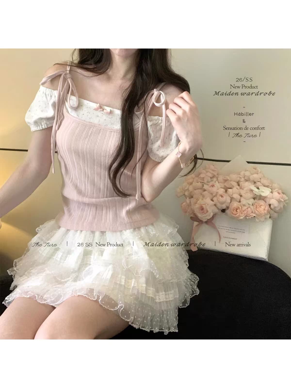 theture 달콤한 맛 페이크 레이어드 반팔 티셔츠 여성 셔츠 꽃무늬 디자인 센스 몸매 가꾸기 슬림해 보이는 거품 소매 새로운 이미지 4