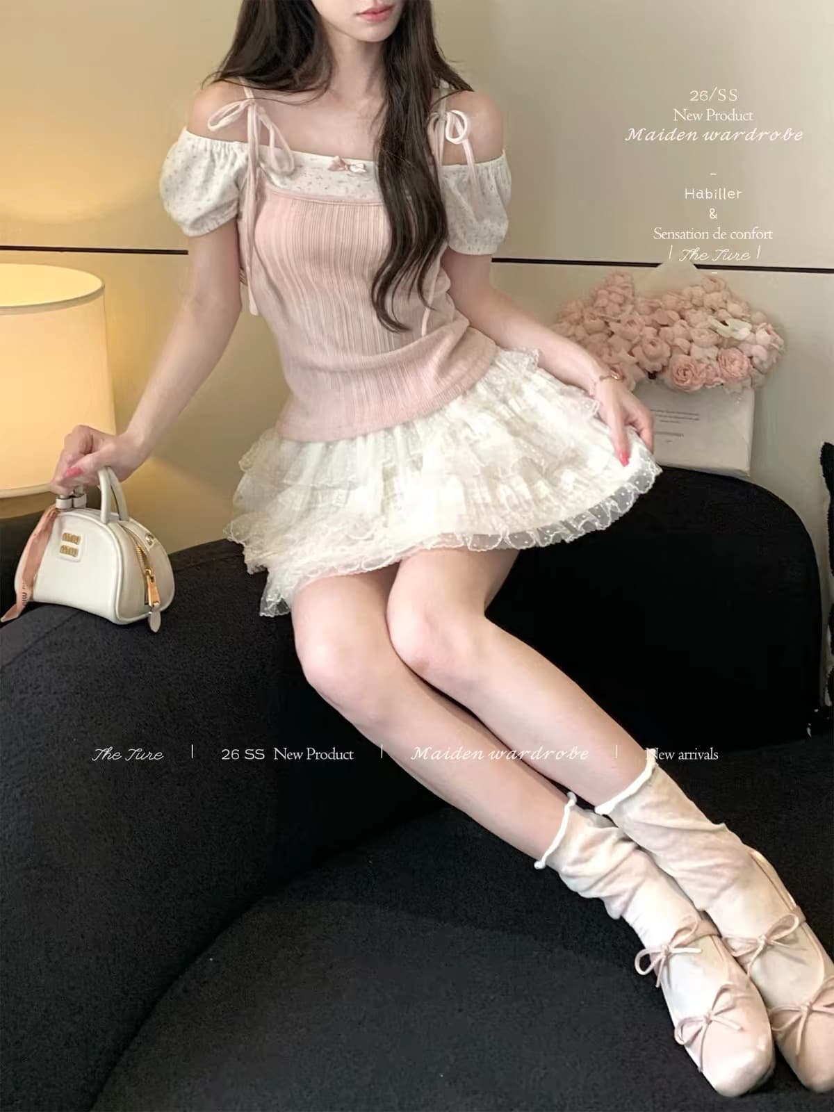 theture 달콤한 맛 페이크 레이어드 반팔 티셔츠 여성 셔츠 꽃무늬 디자인 센스 몸매 가꾸기 슬림해 보이는 거품 소매 새로운 상세 이미지 2