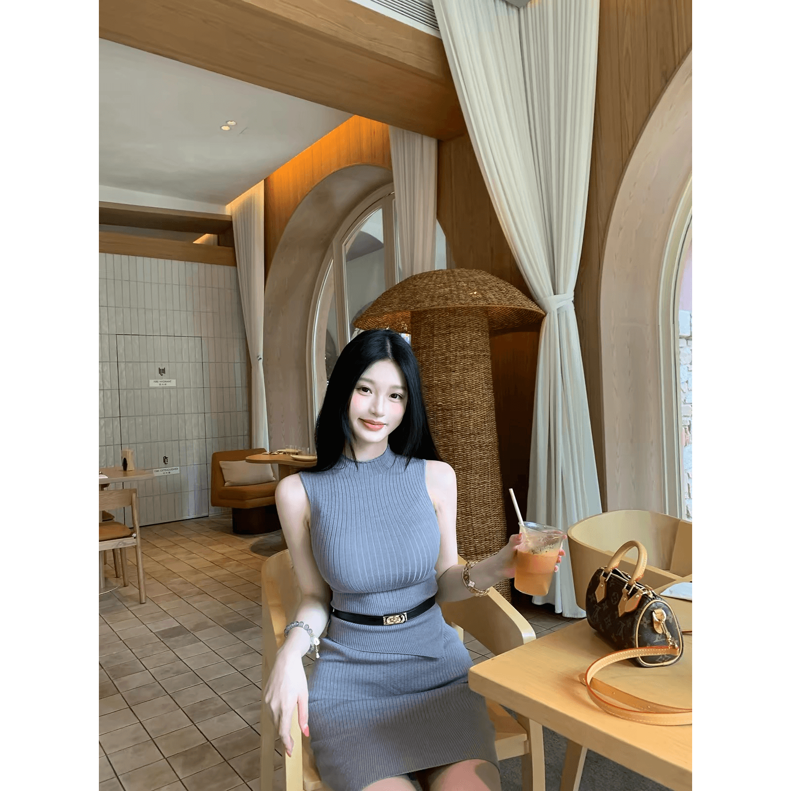 farte shop 모니카 회색 민소매 털 짠 셔츠 반 스커트 세트 여성 봄 여름 몸매 가꾸기 투피스 세트 이미지 5