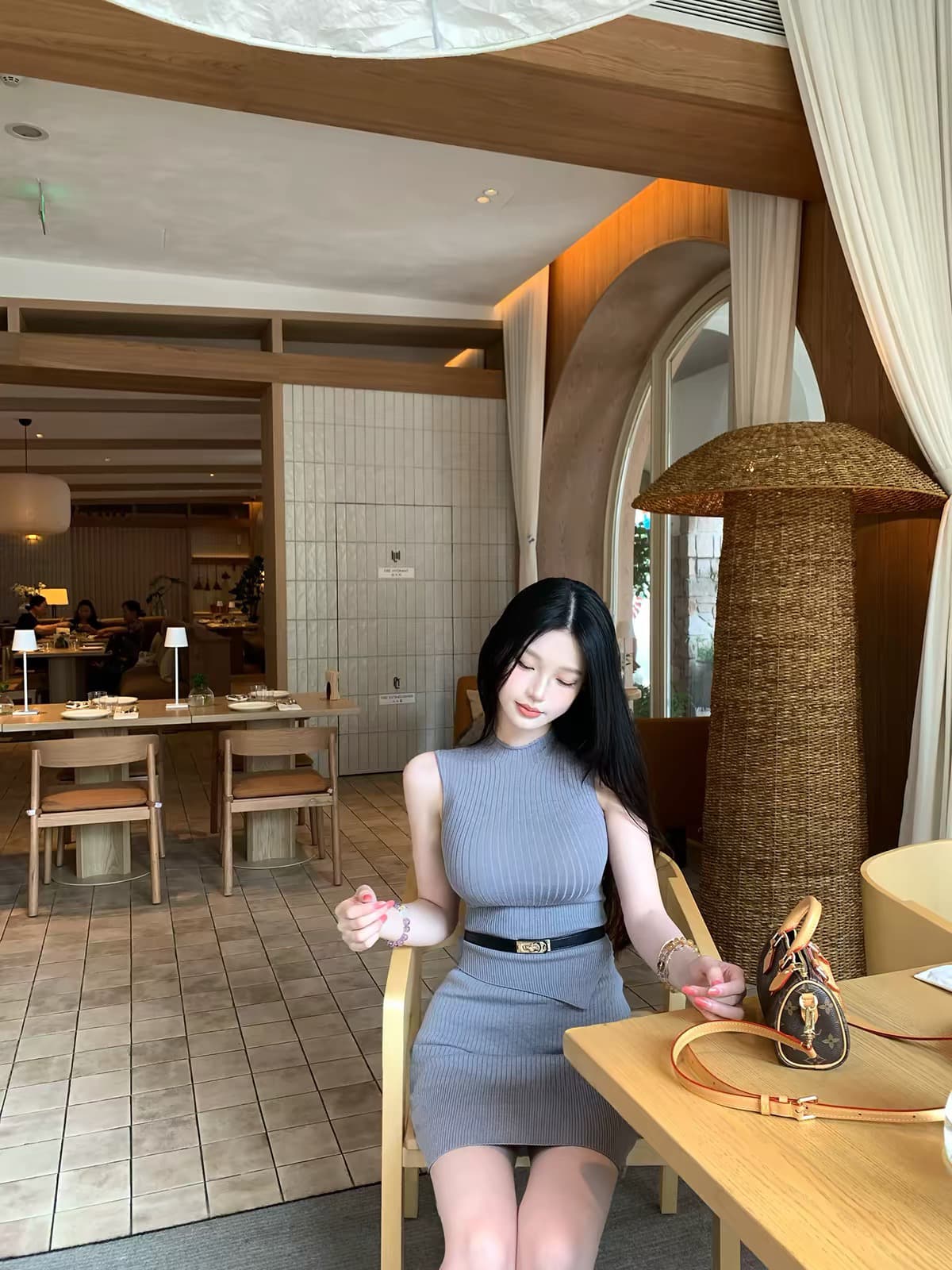 farte shop 모니카 회색 민소매 털 짠 셔츠 반 스커트 세트 여성 봄 여름 몸매 가꾸기 투피스 세트 상세 이미지 1