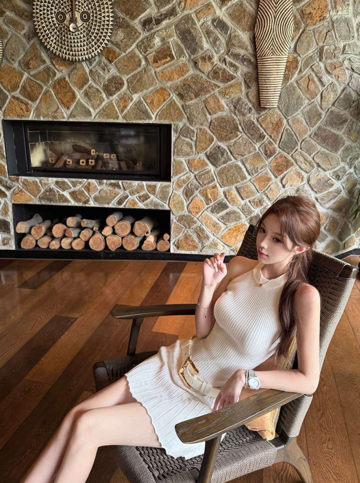 okmashop 화이트 제직 조용한 시리아 니트 행침 목 여성 드레스 여름 섹시함 오프숄더 플리츠 스커트 허리 수축 치마 상세 이미지 4