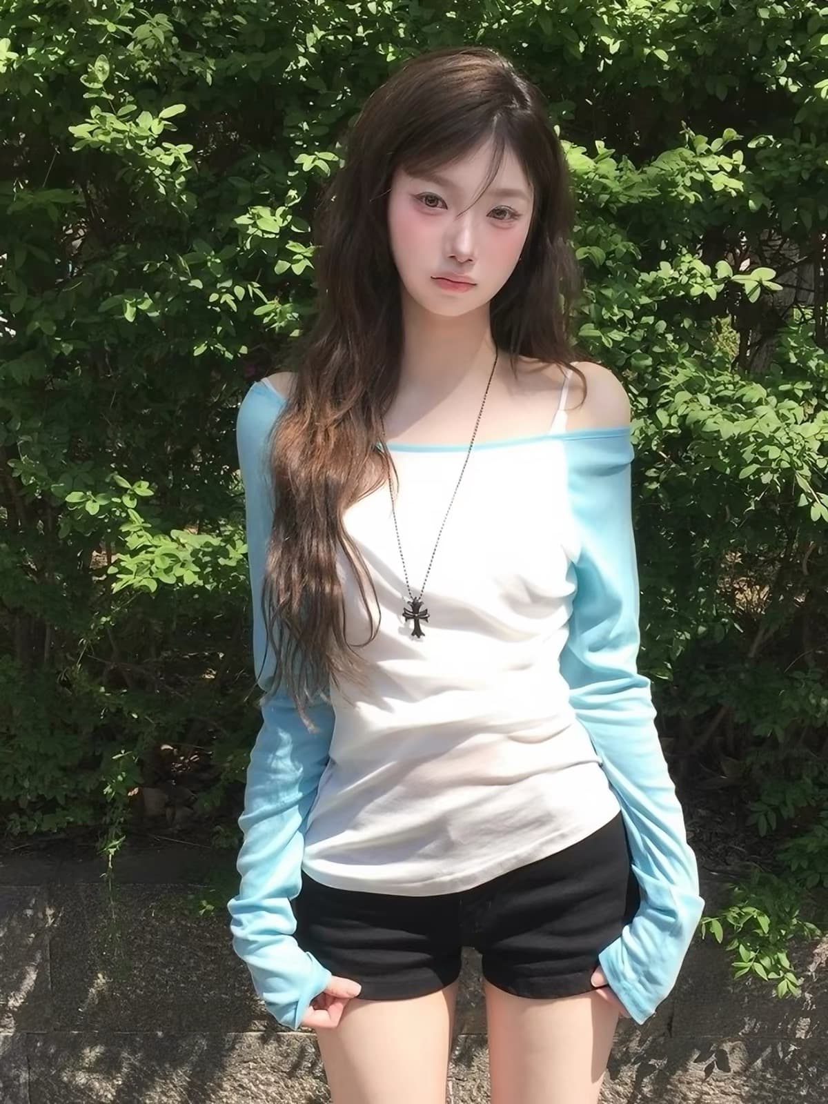 한국 modimood 한 부서 얇고 가벼운 미니멀리즘 배색 반팔 비스듬한 어깨 티셔츠 얇은 색상 맨위 여성 이미지 4