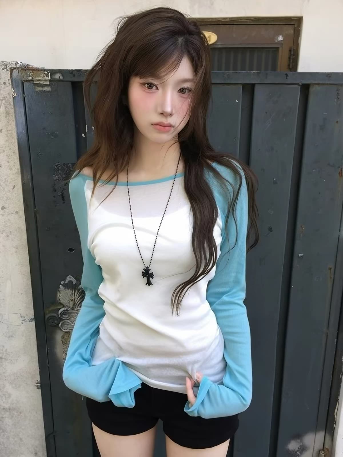 한국 modimood 한 부서 얇고 가벼운 미니멀리즘 배색 반팔 비스듬한 어깨 티셔츠 얇은 색상 맨위 여성 상세 이미지 3