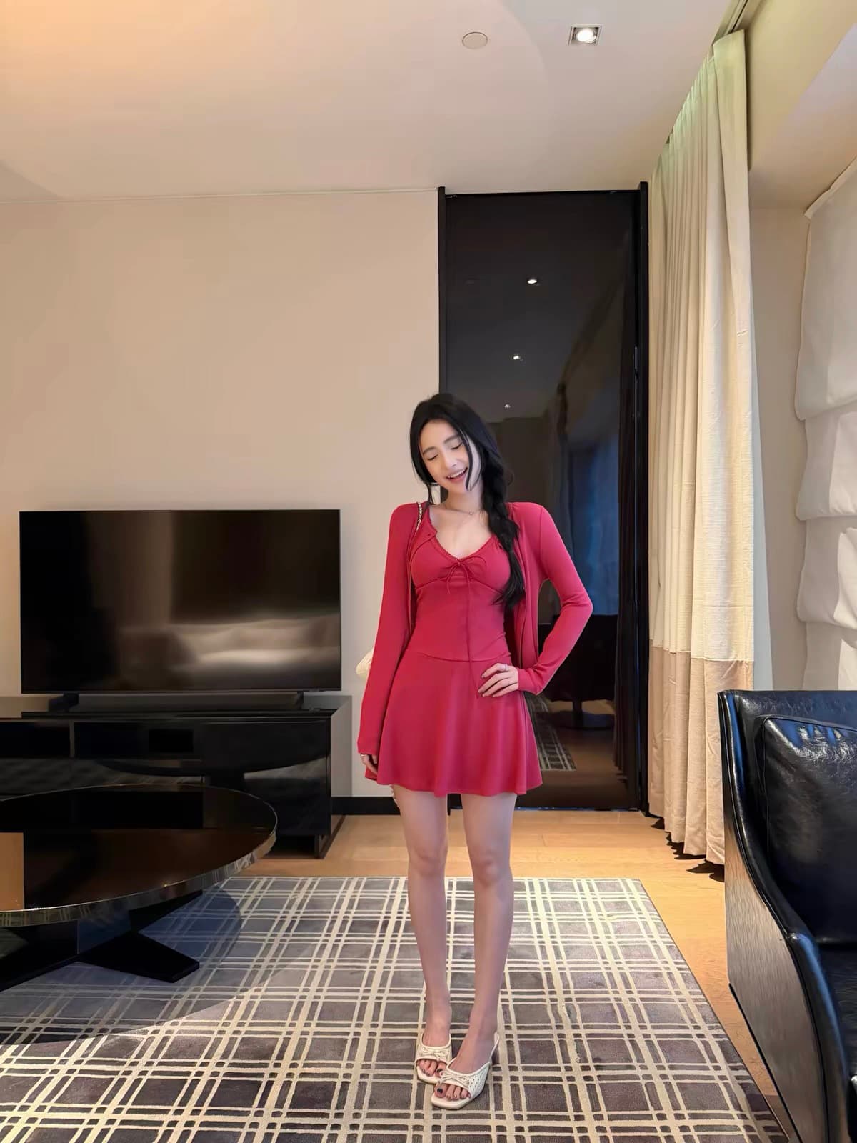 우 너무 달콤한 V넥 나비 매듭 슬립 여성 드레스 몸매 가꾸기 슬림해 보이는 슬립 긴팔 오픈 가디건 외부 가져 가라. 투피스 세트 상세 이미지 5