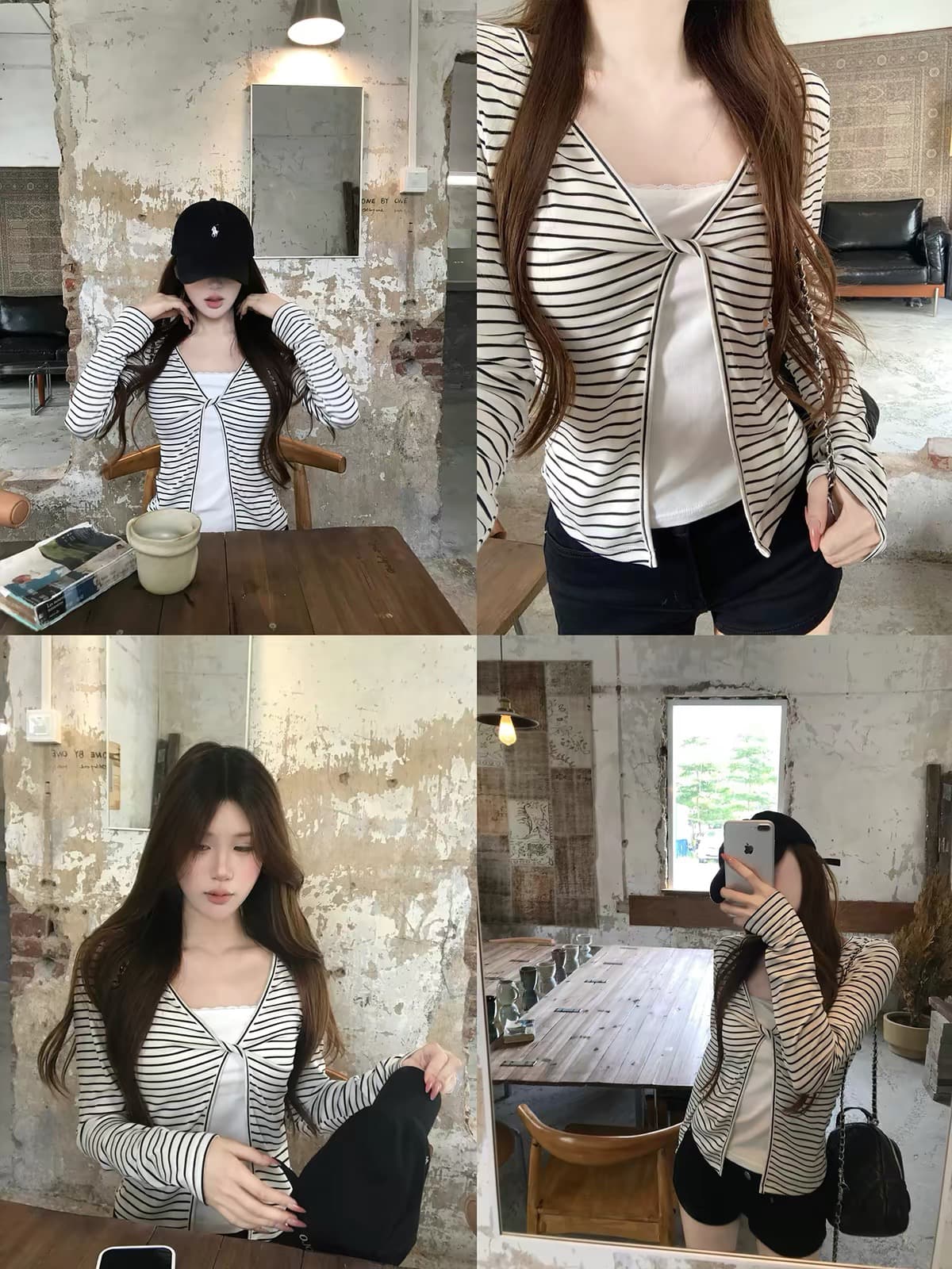 송 긍정적 인 En 흰색 배경 블랙 스트라이프 페이크 레이어드 긴팔 티셔츠 여성 여름 한 부서 몸매 가꾸기 고급 슬림해 보이는 쇼트 스타일 맨위 상세 이미지 2