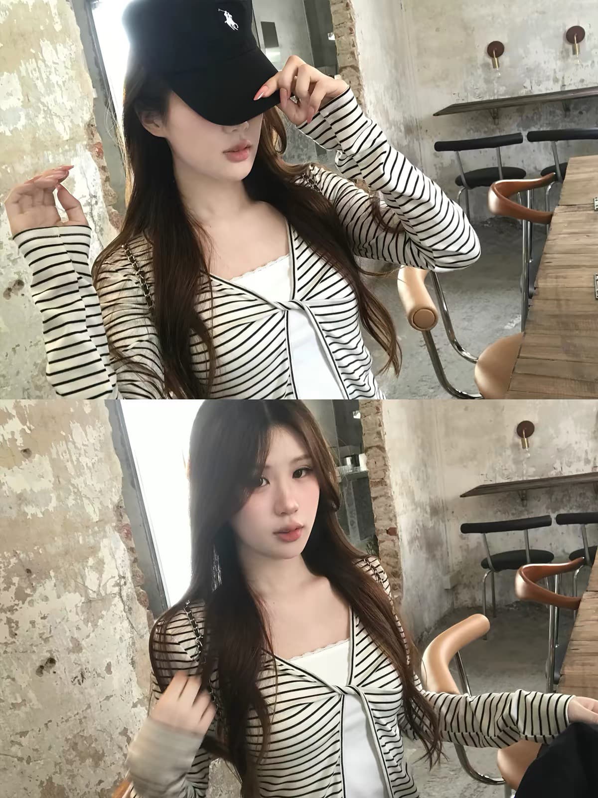 송 긍정적 인 En 흰색 배경 블랙 스트라이프 페이크 레이어드 긴팔 티셔츠 여성 여름 한 부서 몸매 가꾸기 고급 슬림해 보이는 쇼트 스타일 맨위 상세 이미지 4