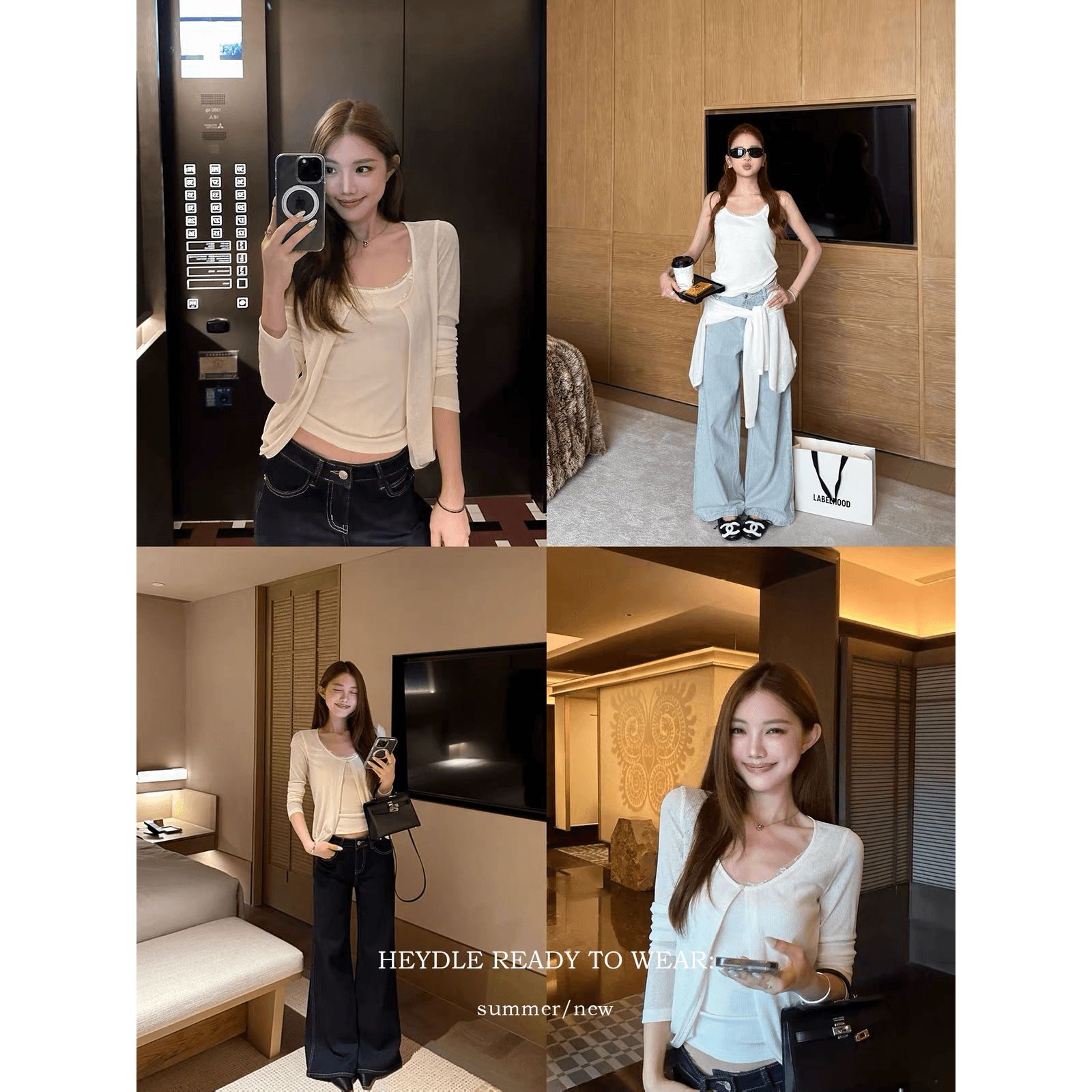 검은 콩 흠 화이트 동백 나무 이야기 레이스 조각 대 u 칼라 니트 오픈 가디건 품격 캐미솔 투피스 세트 이미지 5