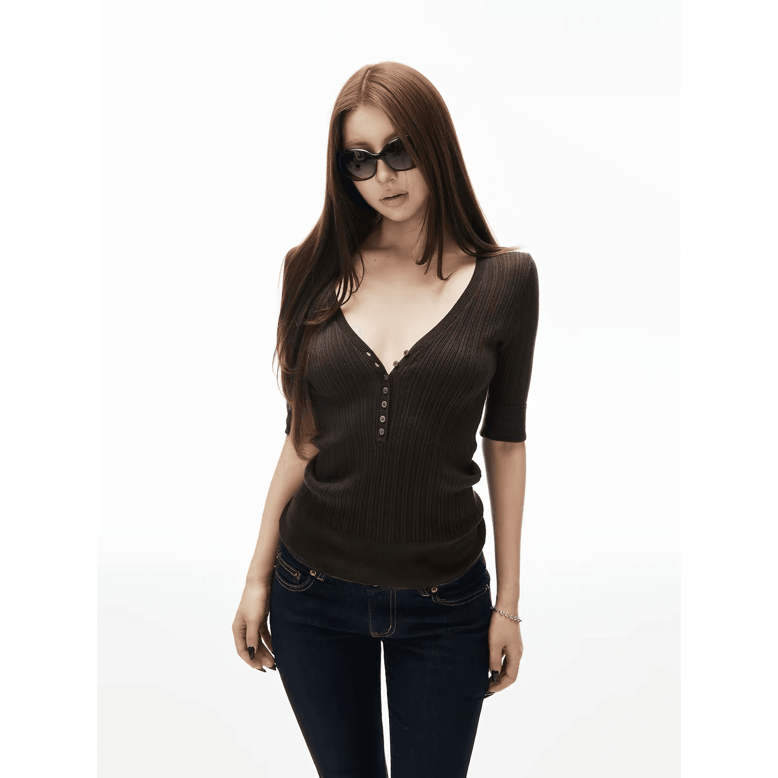 iamxiaa 실 프로 피부 통기성 수직 질감 v 종류 헨리 칼라 중간 소매 리브 수신 측면 몸매 가꾸기 니트 스웨터 이미지 5