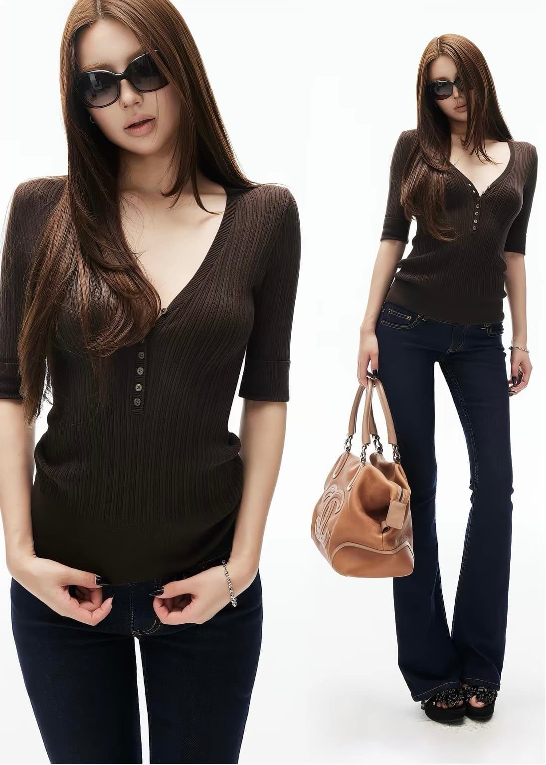 iamxiaa 실 프로 피부 통기성 수직 질감 v 종류 헨리 칼라 중간 소매 리브 수신 측면 몸매 가꾸기 니트 스웨터 상세 이미지 1