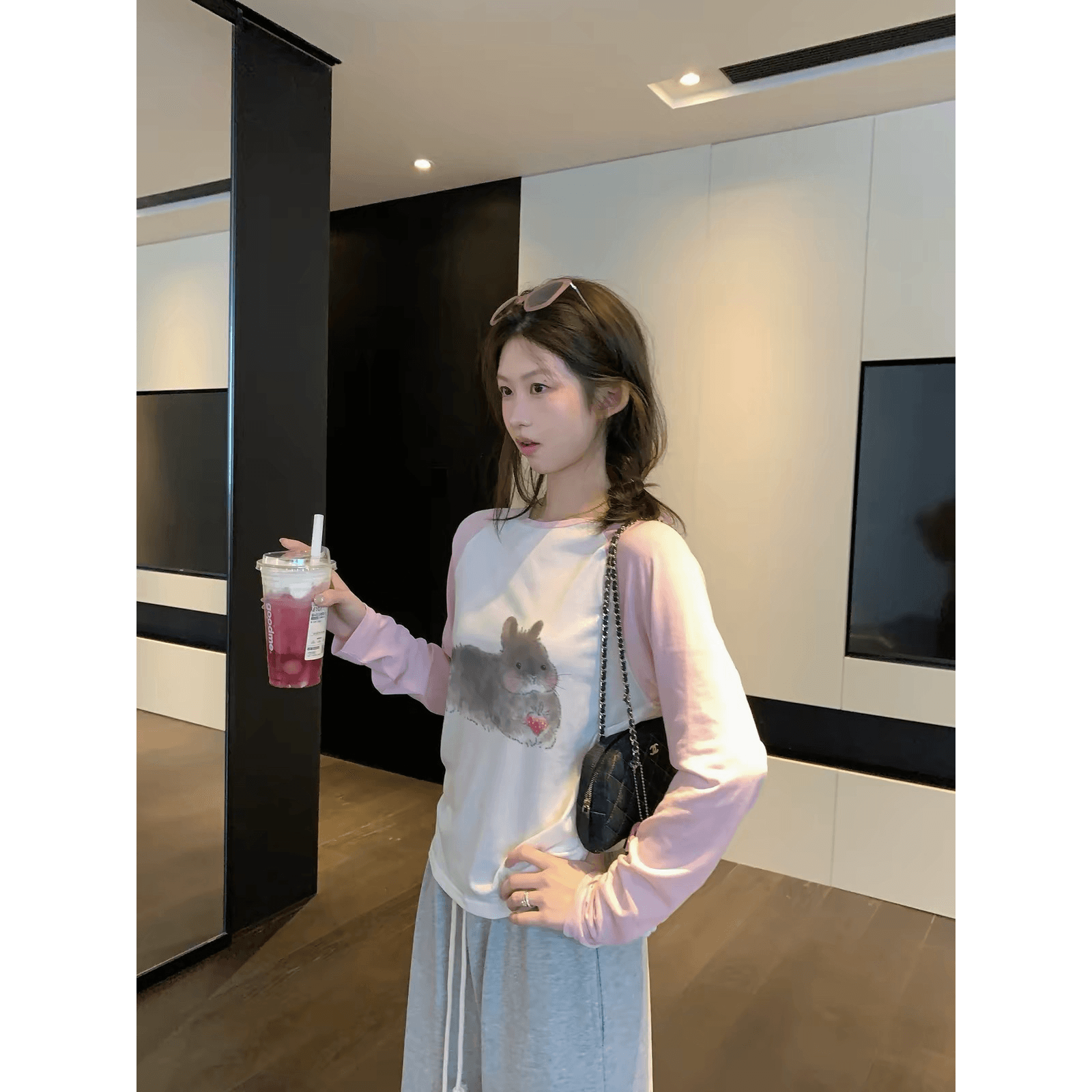 opening 직접 만든 토끼 부서 소녀 연령 감소 만화 멩 토끼 프린트 패치워크 색상 긴팔 티셔츠 이미지 5