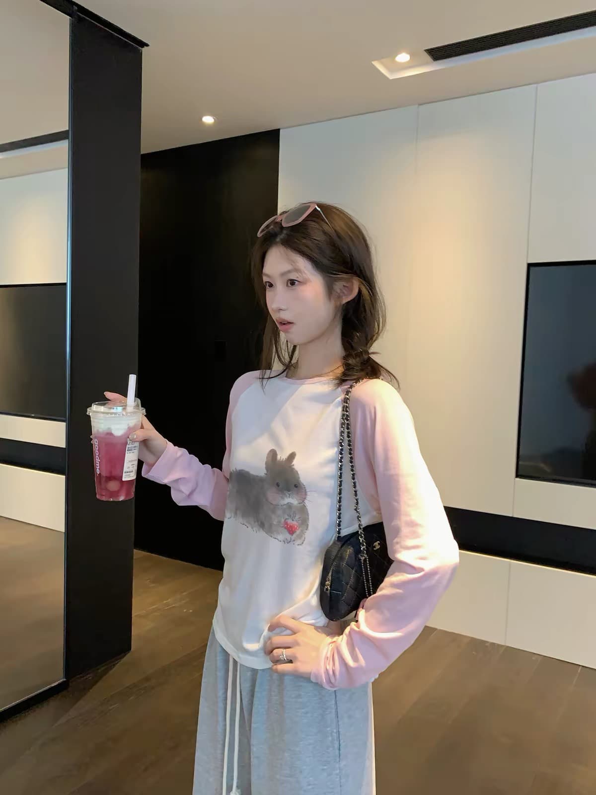 opening 직접 만든 토끼 부서 소녀 연령 감소 만화 멩 토끼 프린트 패치워크 색상 긴팔 티셔츠 상세 이미지 5
