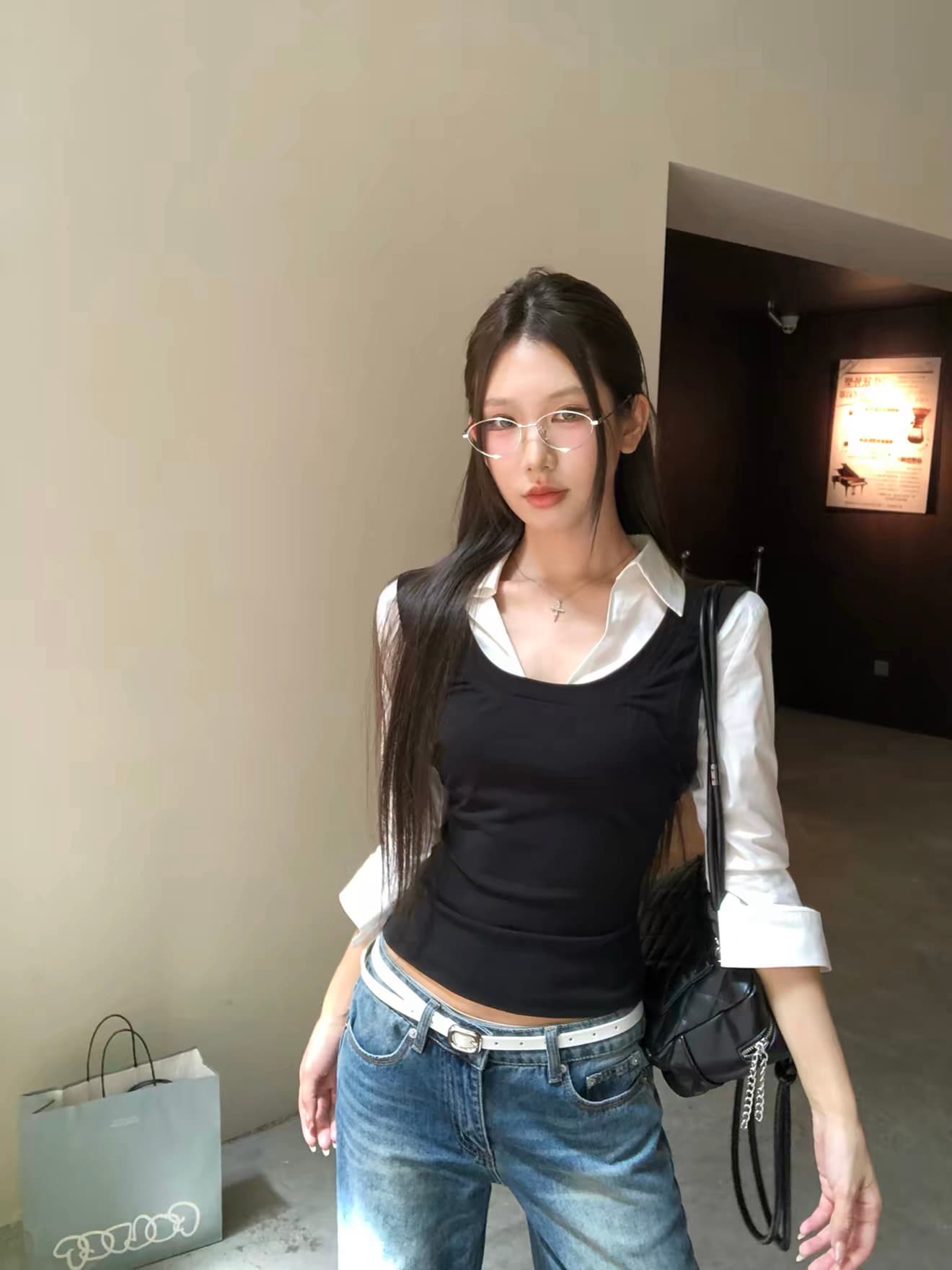 레드 맨 파빌리온 여성 셔츠 2026 새로운 봄 가을 프랑스식 맨위 페이크 레이어드 긴팔 허리 수축 핫걸 자이언트 잘 생긴 셔츠 상세 이미지 1