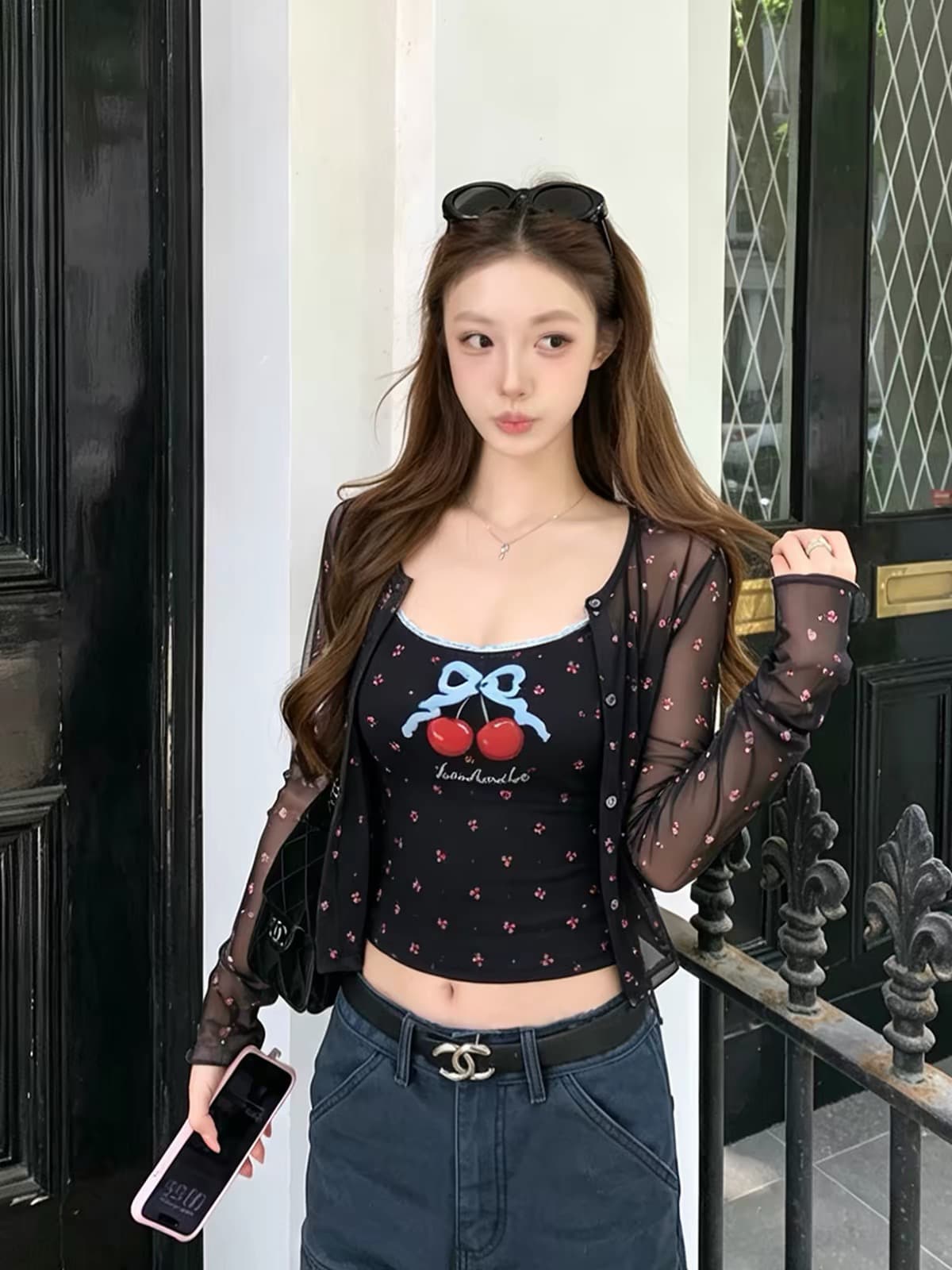 체리 프린트 슬립 꽃무늬 시스루 망사 오픈 가디건 두 조각 여성 세트 달콤한 스타일 쇼트 스타일 슬림해 보이는 소녀 세트 상세 이미지 1