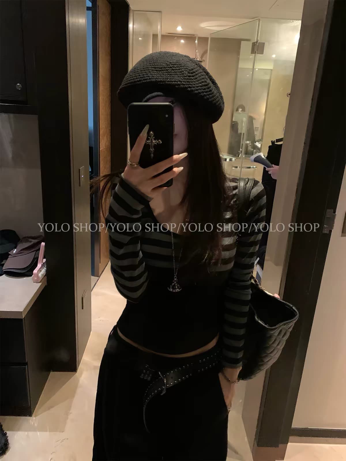 yolo shop 8 06 신제품 95 접기 남자 찢어짐 여성 주님 스트라이프 라운드 넥 쇼트 스타일 오픈 가디건 스택 착용 맨위 상세 이미지 1