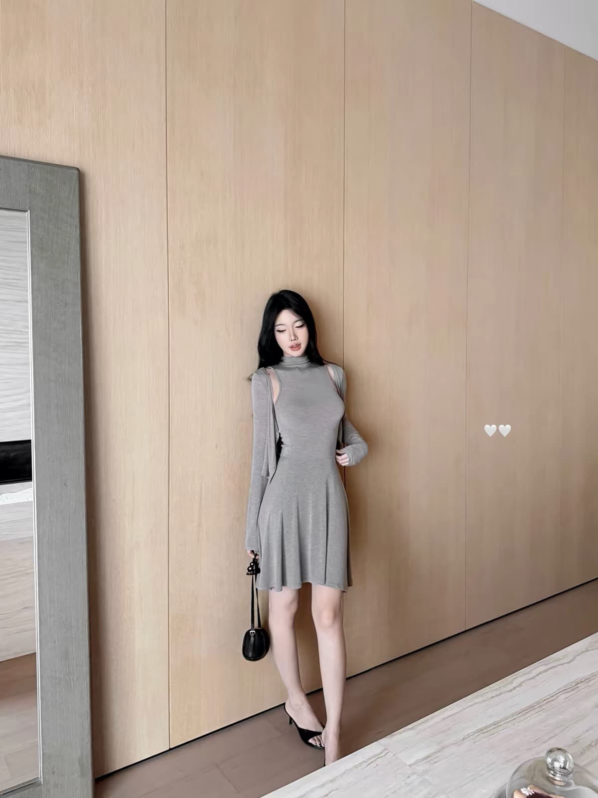 laareetoo 2 가지 색상 긴팔 오픈 가디건 여성 이른 가을 2026 새로운 몸매 가꾸기 슬림해 보이는 조끼 원피스 세트 상세 이미지 1