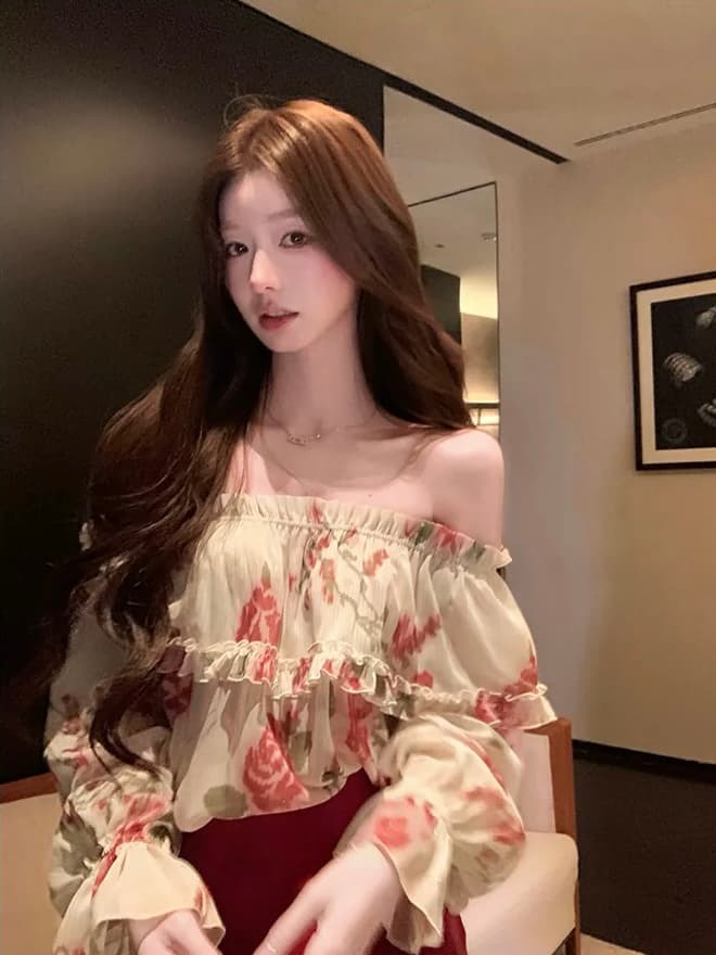 yoli 장 宥 이익 열정적 인 순간 장미 오프숄더 시폰 셔츠 여성 가을 레트로 루즈핏 슬림해 보이는 맨위