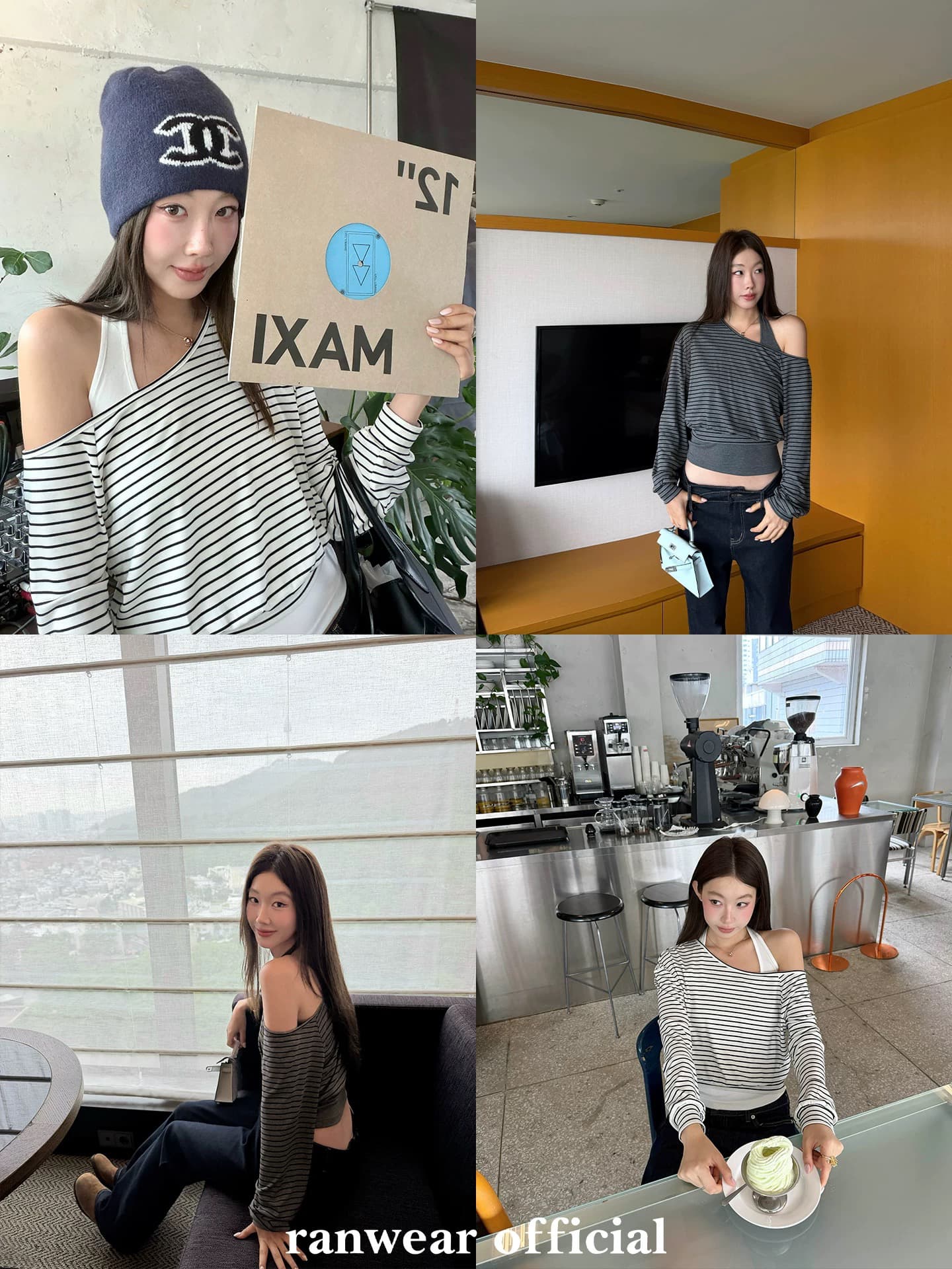 ranwear 스택 착용 필드 곰 灰度 사서함 94 라이 경기 서울 사실 두 조각 행침 목 오프숄더 긴 소매 티셔츠 슬립 상세 이미지 5