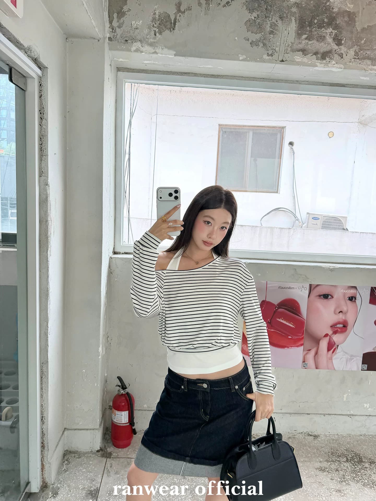 ranwear 스택 착용 필드 곰 灰度 사서함 94 라이 경기 서울 사실 두 조각 행침 목 오프숄더 긴 소매 티셔츠 슬립 상세 이미지 6