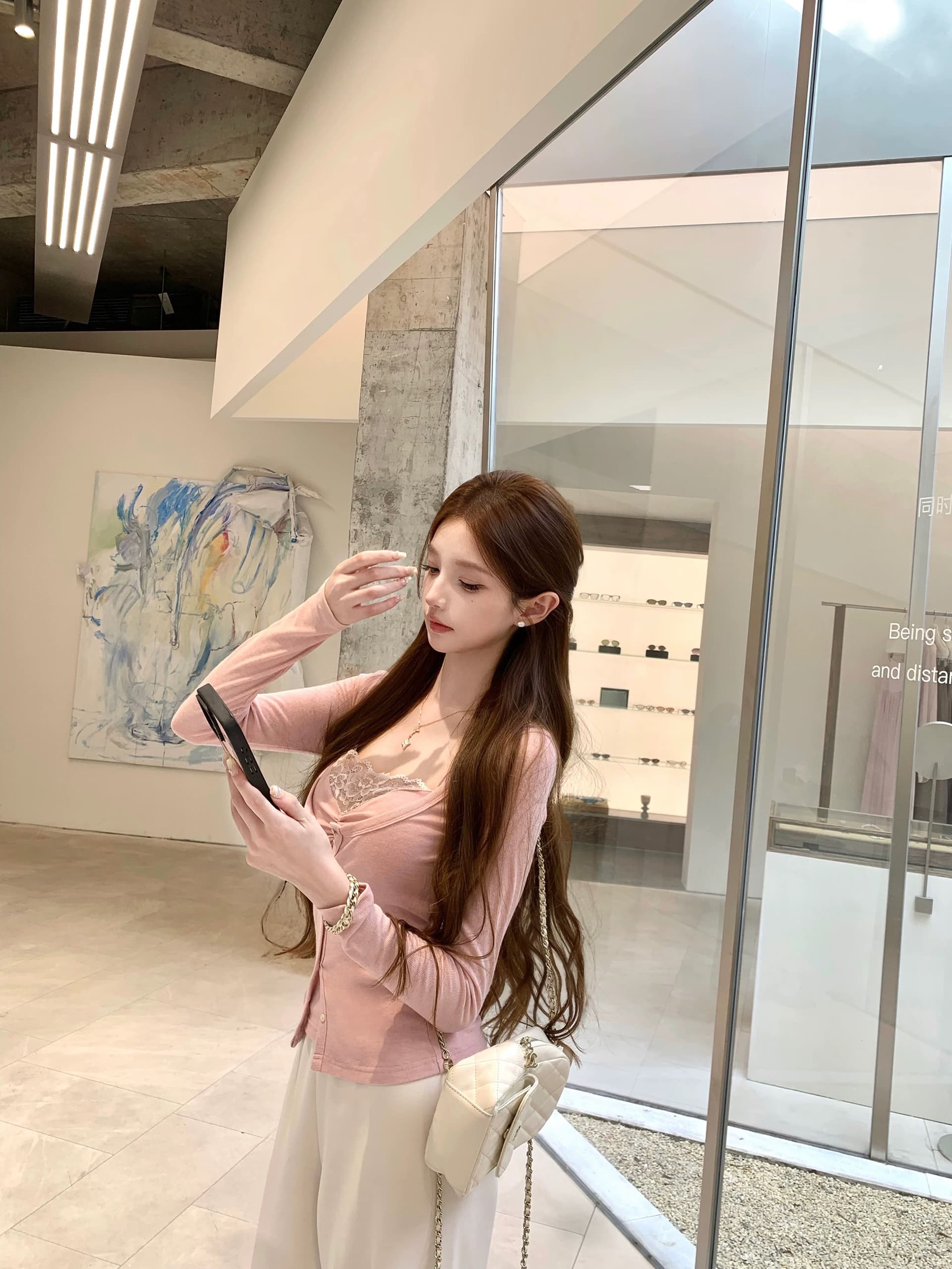 08 06 jmshop 한 여성 분위기 순수한 욕망 레이스 레이스 페이크 레이어드 맨위 긴팔 아세트산 니트 스웨터 상세 이미지 4
