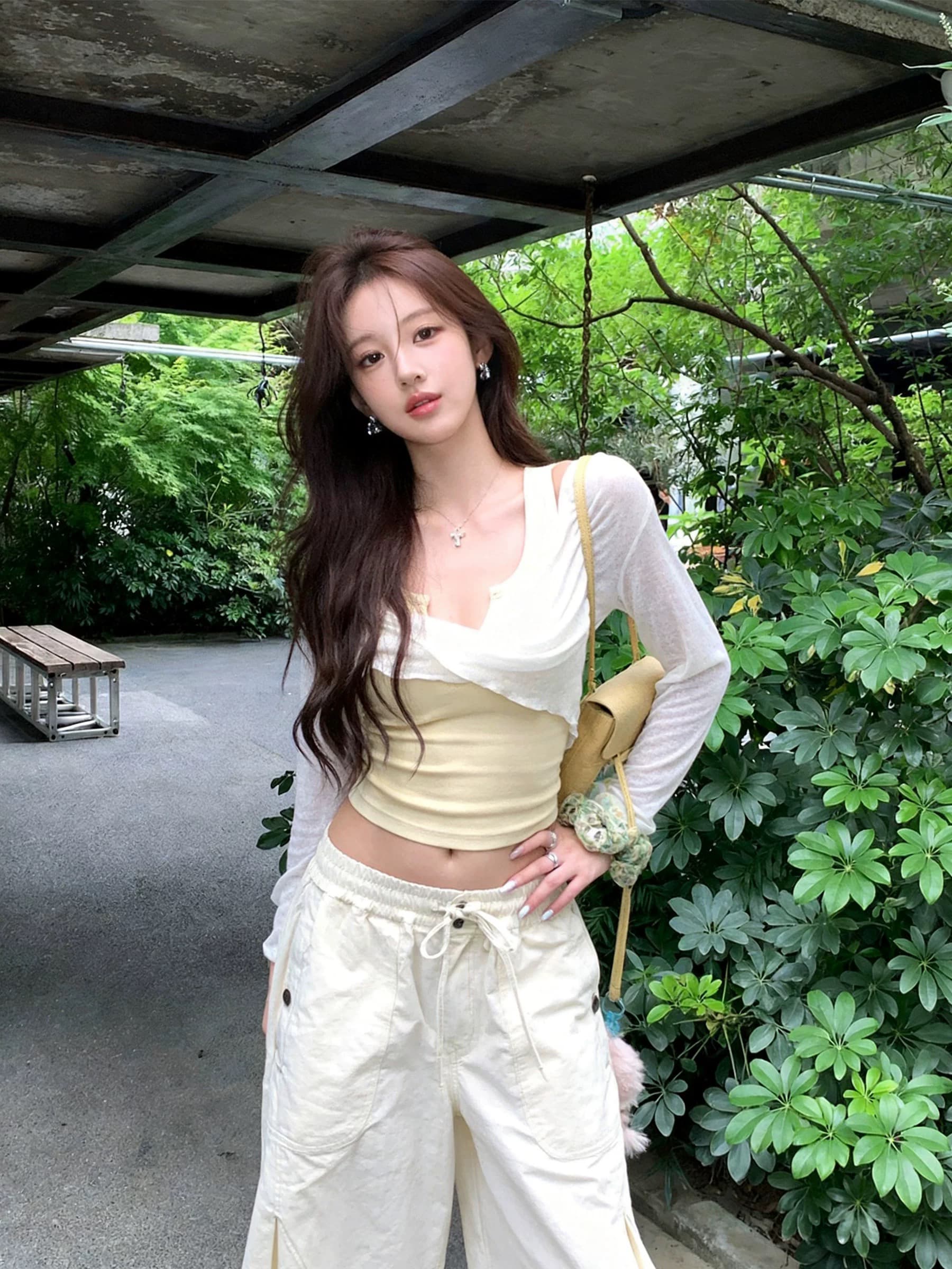 비틀림 루즈핏 얇고 가벼운 느긋한 스택 착용 블라우스 u 칼라 구덩이 기사 단어 조끼 슬립 세트 체하다 조각 아름다운 옷 이미지 4