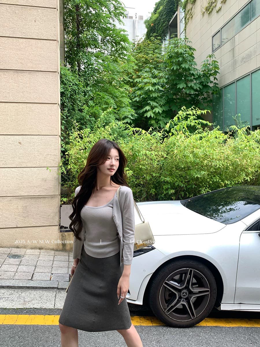 cloudsweet 흰 구름 달콤한 지능 wool 회색 니트 오픈 가디건 여성 슬립 맨위 몸매 가꾸기 반 스커트 세트 상세 이미지 1