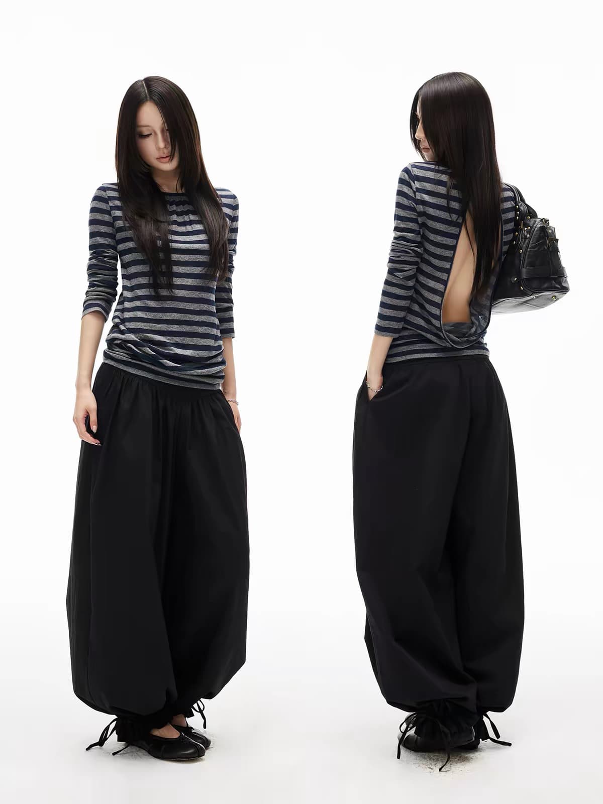 iamxiaa 레트로 숨기기 녹색 재 스트라이프 펌프 Pleat 라운드 넥 대 홀로우 아웃 자르기 백리스 마이크로 루즈핏 허리 수축 맨위 상세 이미지 2