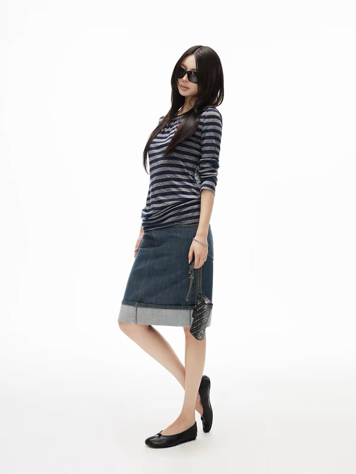 iamxiaa 레트로 숨기기 녹색 재 스트라이프 펌프 Pleat 라운드 넥 대 홀로우 아웃 자르기 백리스 마이크로 루즈핏 허리 수축 맨위 상세 이미지 3