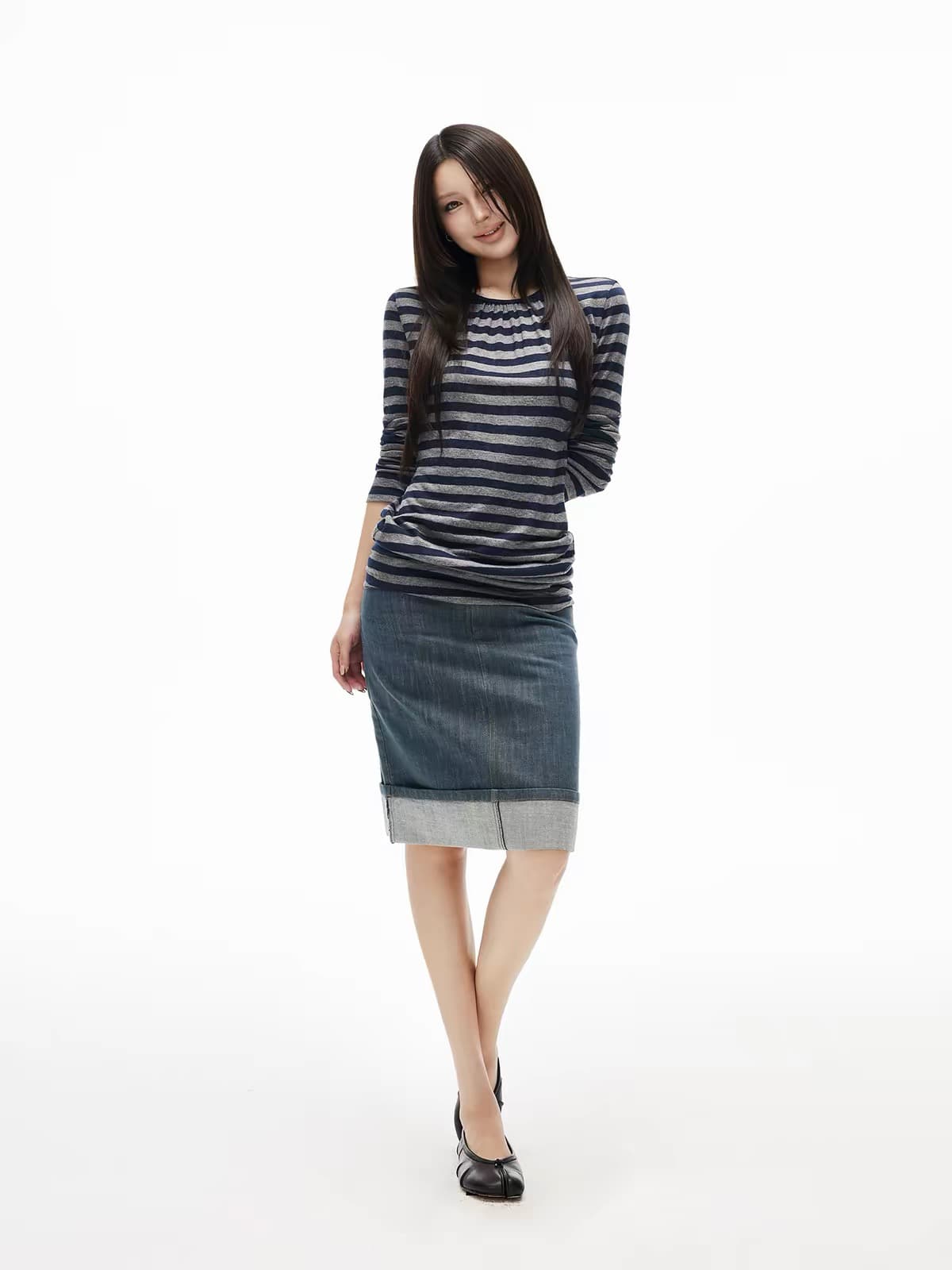 iamxiaa 레트로 숨기기 녹색 재 스트라이프 펌프 Pleat 라운드 넥 대 홀로우 아웃 자르기 백리스 마이크로 루즈핏 허리 수축 맨위 상세 이미지 4