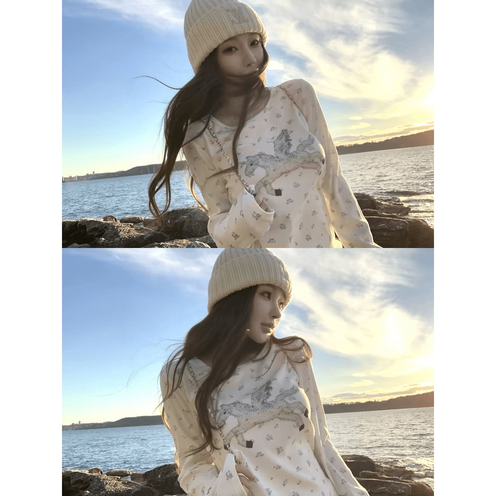 suuuicee 캡처 꿈 유니콘 전체 인쇄 작은 꽃무늬 구덩이 기사 질감 센스 캐주얼 라운드 넥 긴팔 티셔츠 이미지 5