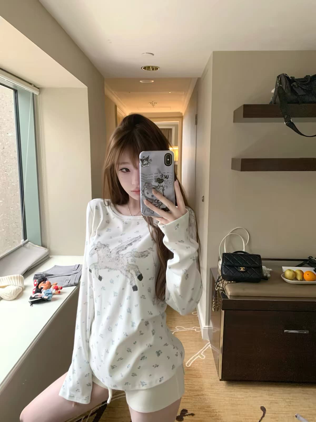 suuuicee 캡처 꿈 유니콘 전체 인쇄 작은 꽃무늬 구덩이 기사 질감 센스 캐주얼 라운드 넥 긴팔 티셔츠 상세 이미지 1