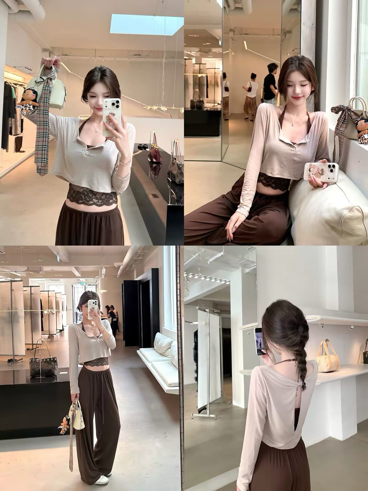 jmshop 바람둥이 느슨함 부서 주간 실크 양모 긴팔 티셔츠 레이스 레이스 행침 목 슬립 캐주얼 바지 세트 이미지 2