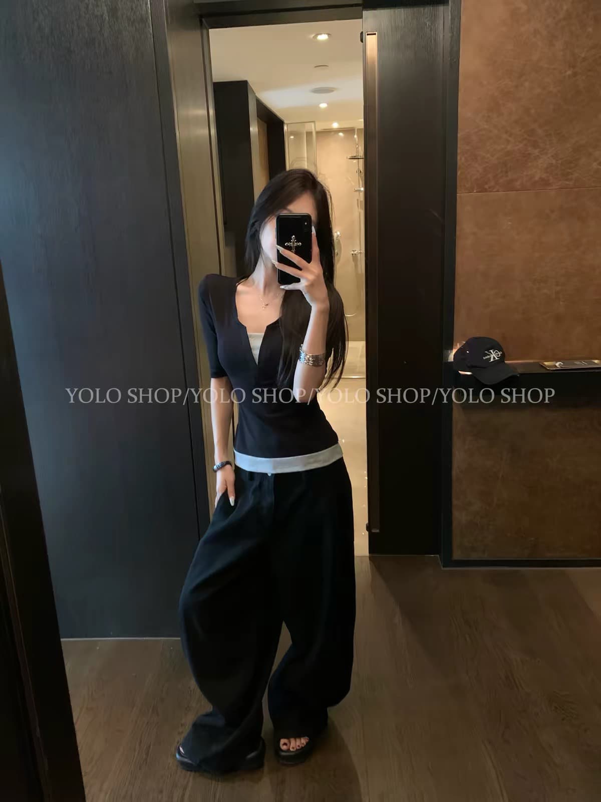 yolo shop 暮 빛 소녀 패치워크 배색 페이크 레이어드 V넥 맨위 가을 품격 허리 수축 중간 소매 티셔츠 이미지 3