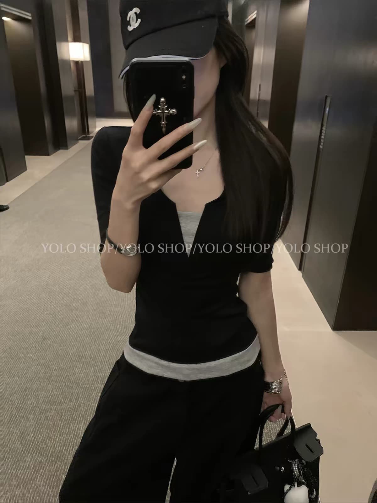 yolo shop 暮 빛 소녀 패치워크 배색 페이크 레이어드 V넥 맨위 가을 품격 허리 수축 중간 소매 티셔츠 이미지 4