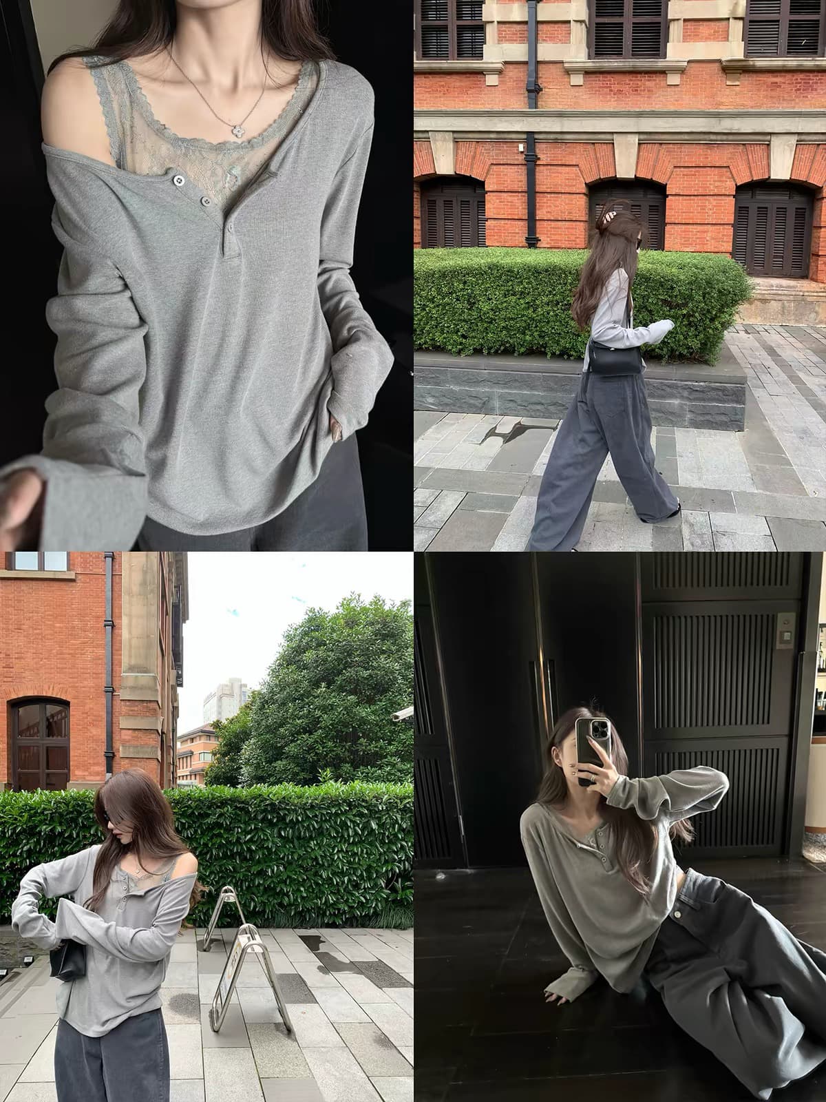 superniniyy 토피 레이스 헨리 칼라 페이크 레이어드 스택 착용 루즈핏 섹션 긴팔 티셔츠 맨위 2026 새로운 상세 이미지 2