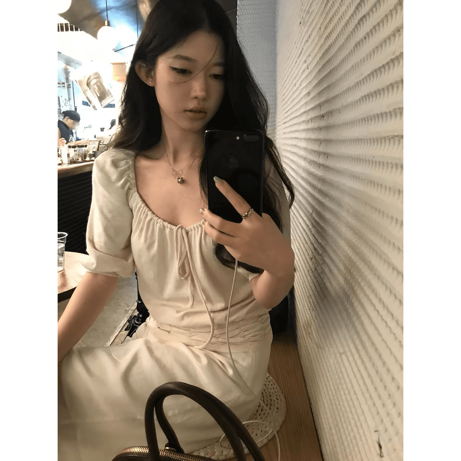 sheepland 전갈 살구 차 펌프 로프 동점 벨트 측면 칼라 반소매 티셔츠 여성 가을 명중 Pleat 밑단 루즈핏 슬림해 보이는 맨위 이미지 5