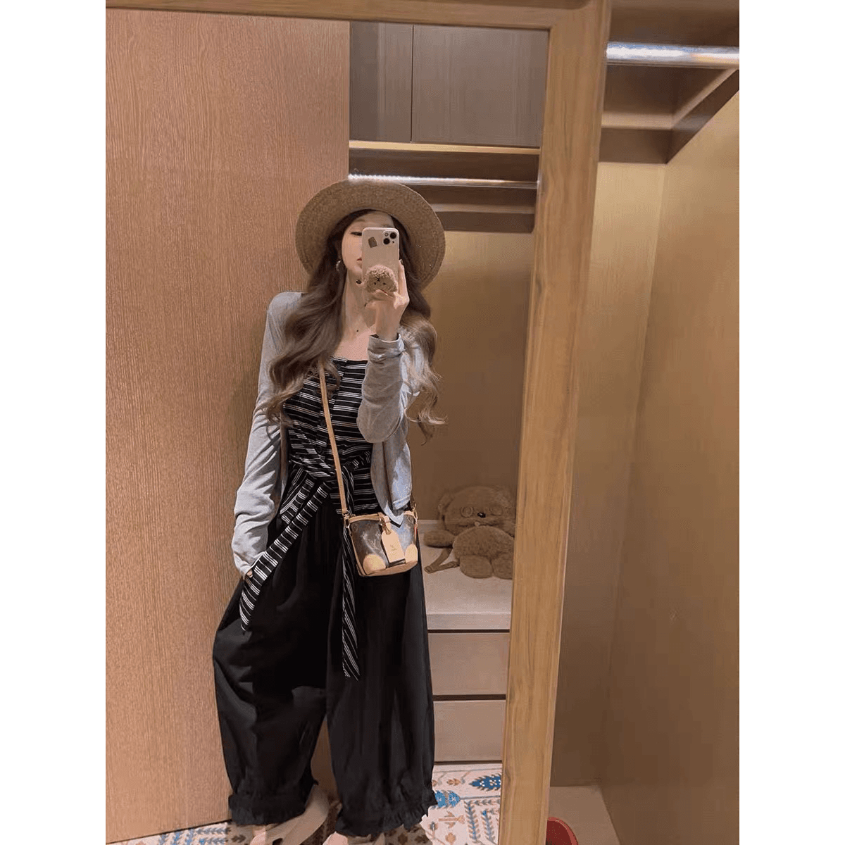 yukiss 스키니 투피스 세트 스트라이프 허리 수축 슬립 표지 고기 자외선 차단 오픈 가디건 이미지 5