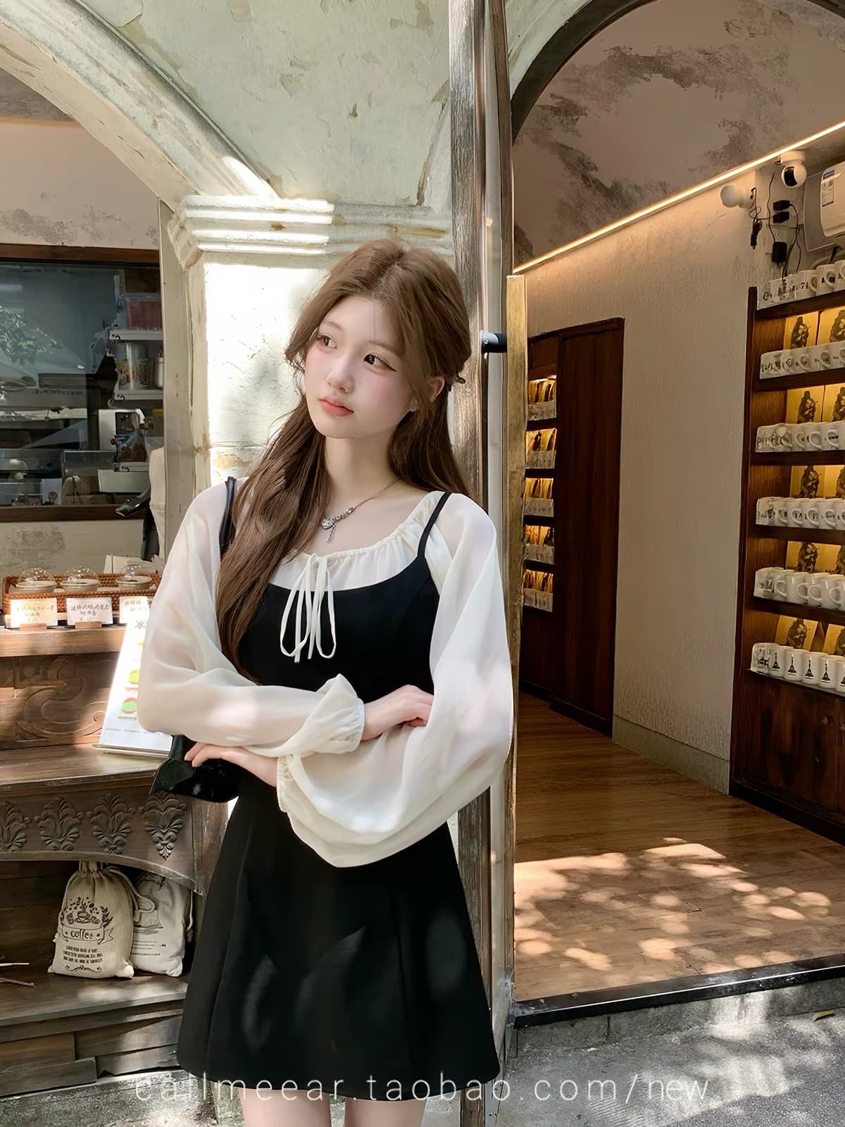 callmeear 화이트 티 블랙 숙련 된 슬림해 보이는 슬립 드레스 루즈핏 긴팔 맨위 이른 가을 투피스 세트