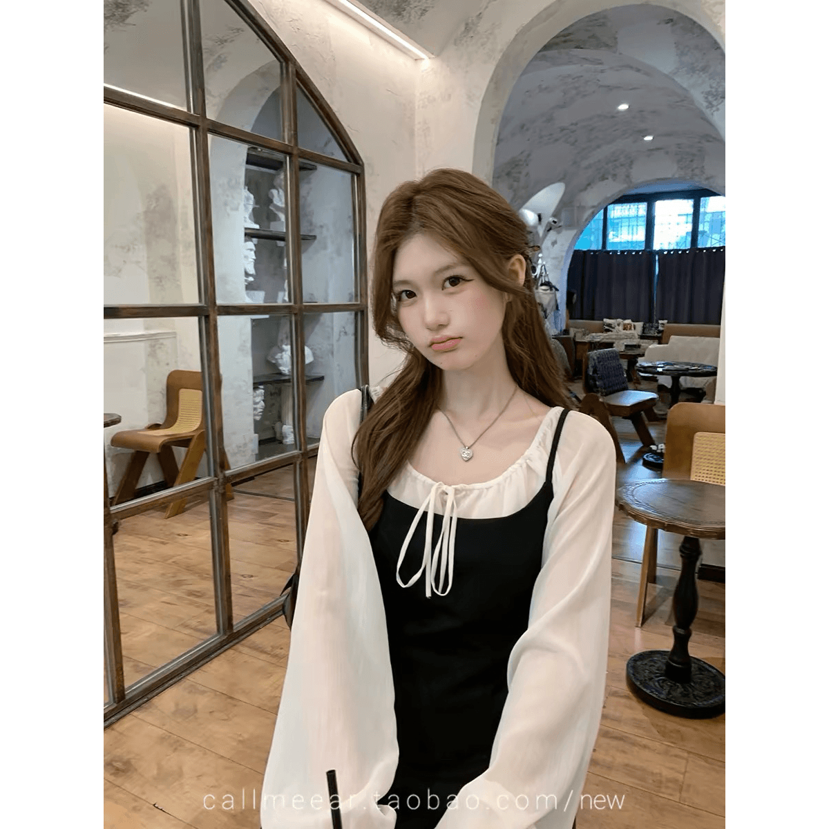 callmeear 화이트 티 블랙 숙련 된 슬림해 보이는 슬립 드레스 루즈핏 긴팔 맨위 이른 가을 투피스 세트 이미지 5