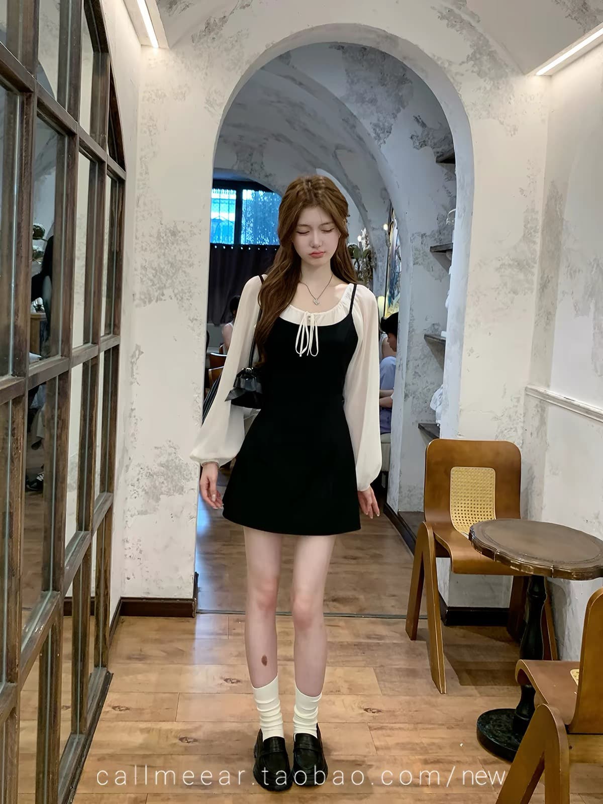 callmeear 화이트 티 블랙 숙련 된 슬림해 보이는 슬립 드레스 루즈핏 긴팔 맨위 이른 가을 투피스 세트 상세 이미지 3
