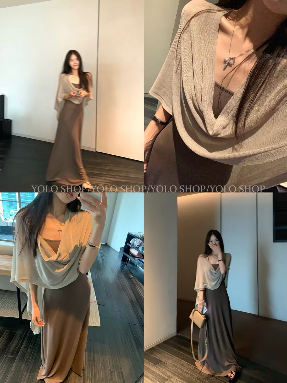 yolo shop 한 부서 느긋한 부드러운 품격 세트 아마 얇은 스타일 숄 몸매 가꾸기 허리 수축 슬립 드레스 상세 이미지 2