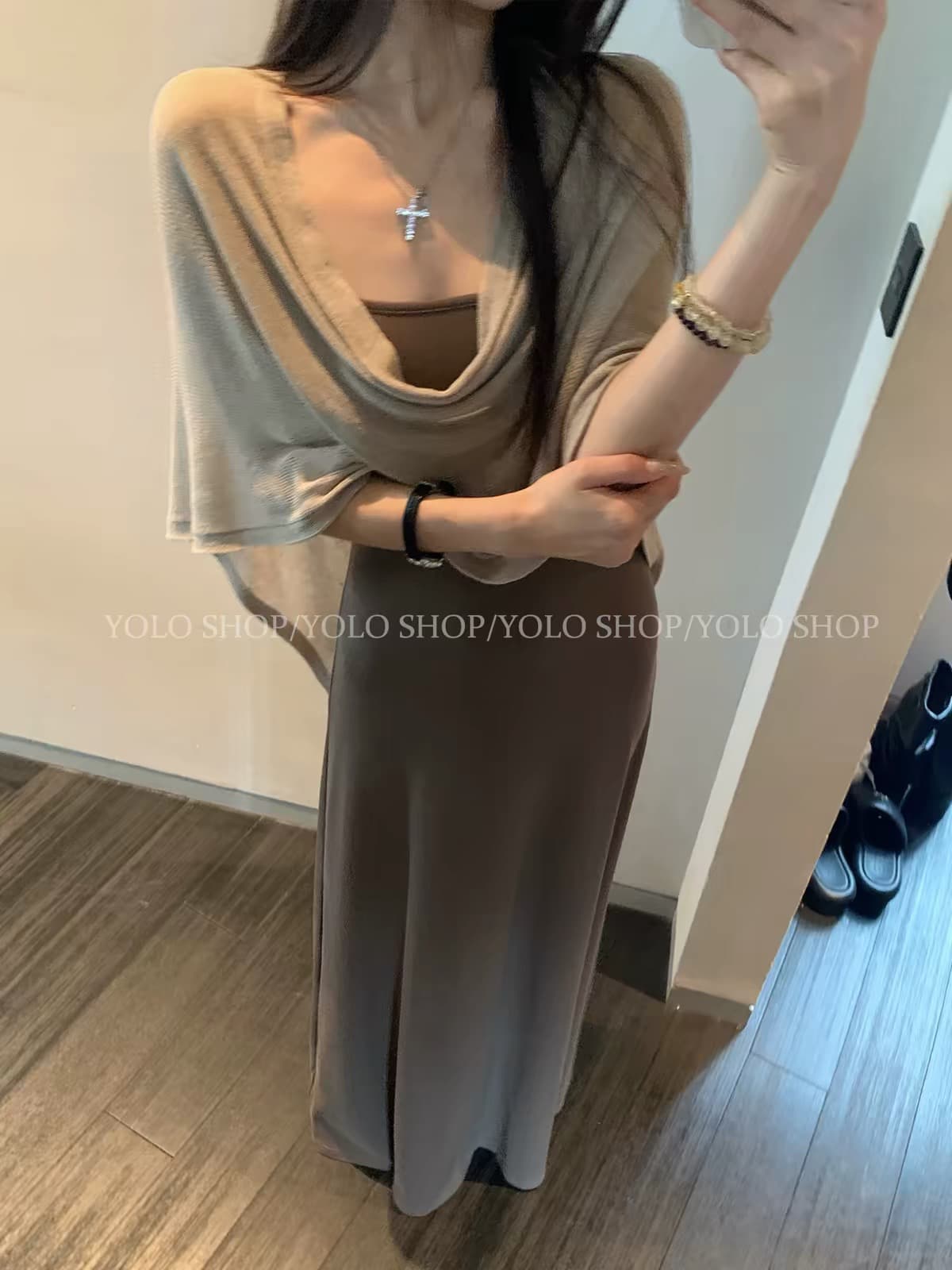 yolo shop 한 부서 느긋한 부드러운 품격 세트 아마 얇은 스타일 숄 몸매 가꾸기 허리 수축 슬립 드레스 상세 이미지 3